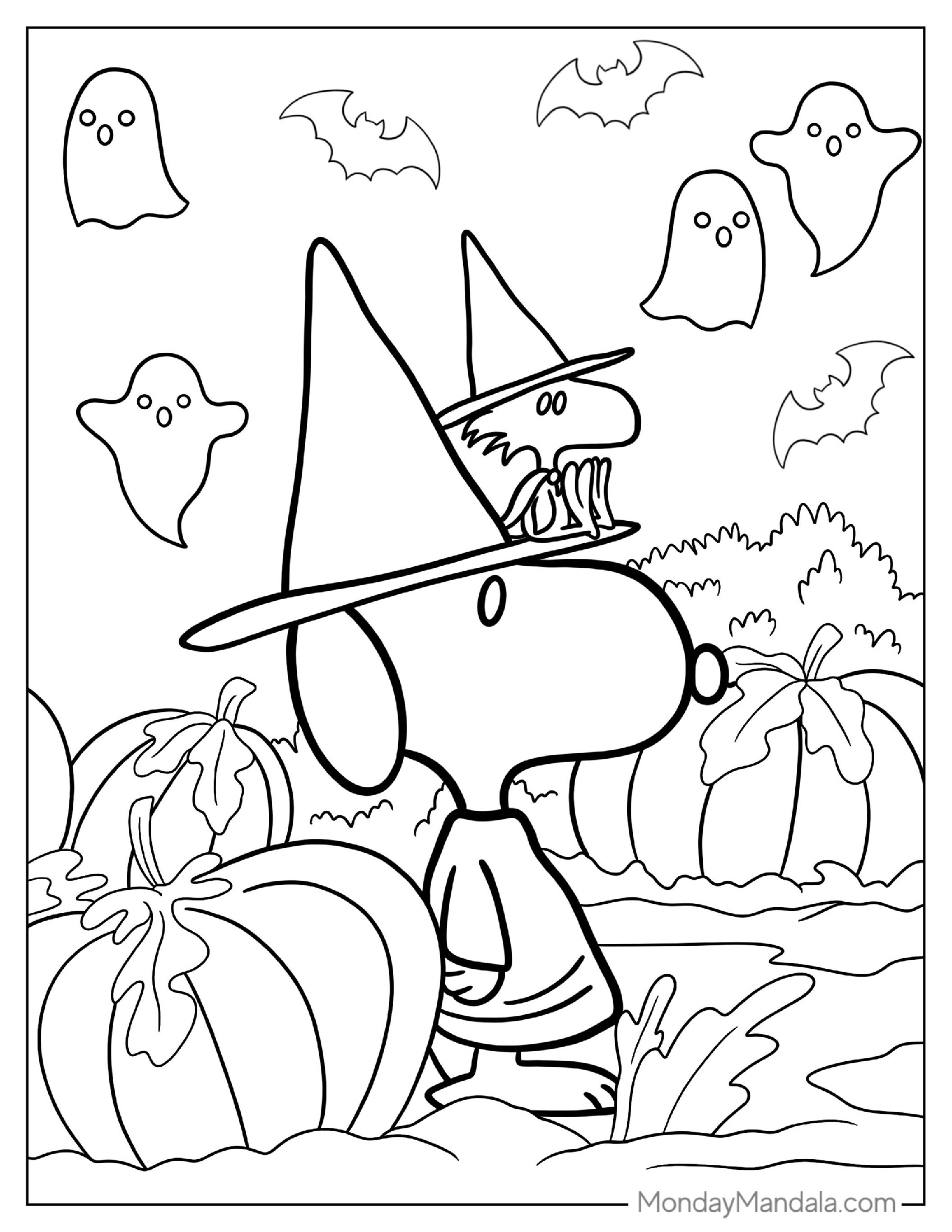 Fall Coloring Page Of Easy Snoopy Wearing Witch Hat With Woodstock Halloween