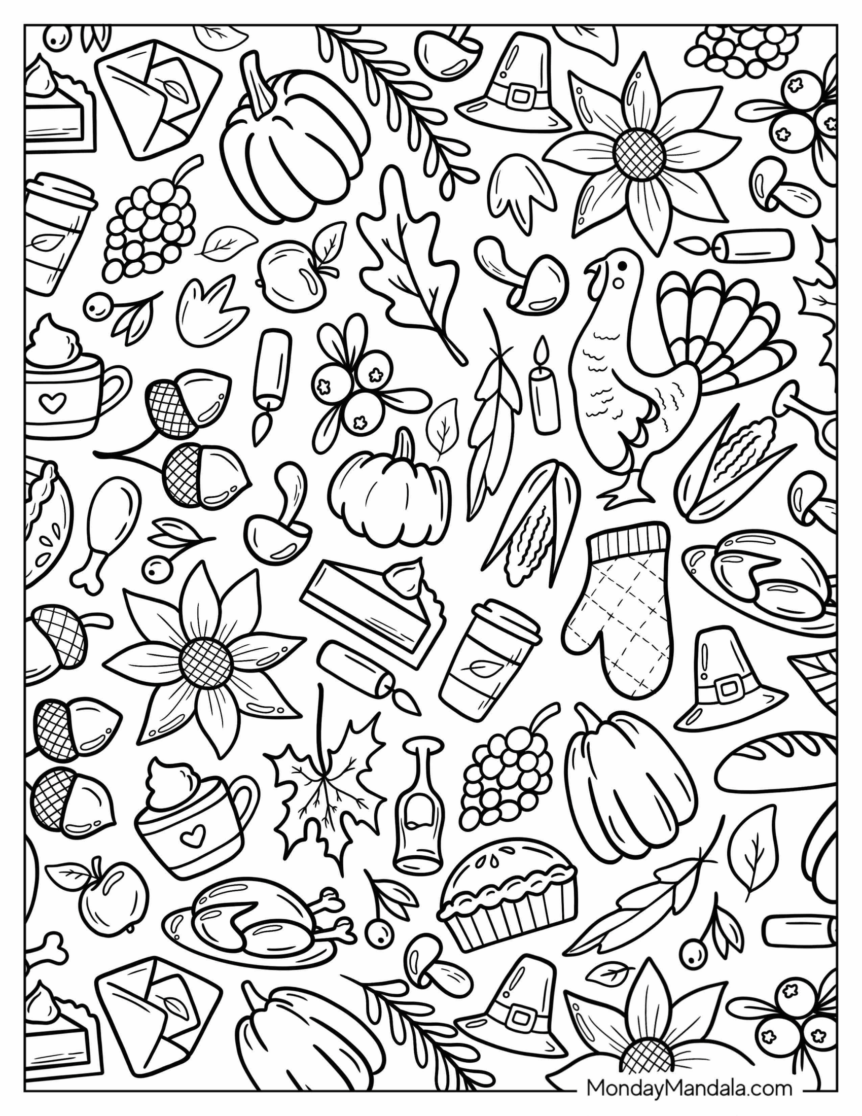 Fall Coloring Page Of Elements Turkey, Pumpkin Spice, Candle, Chestnuts