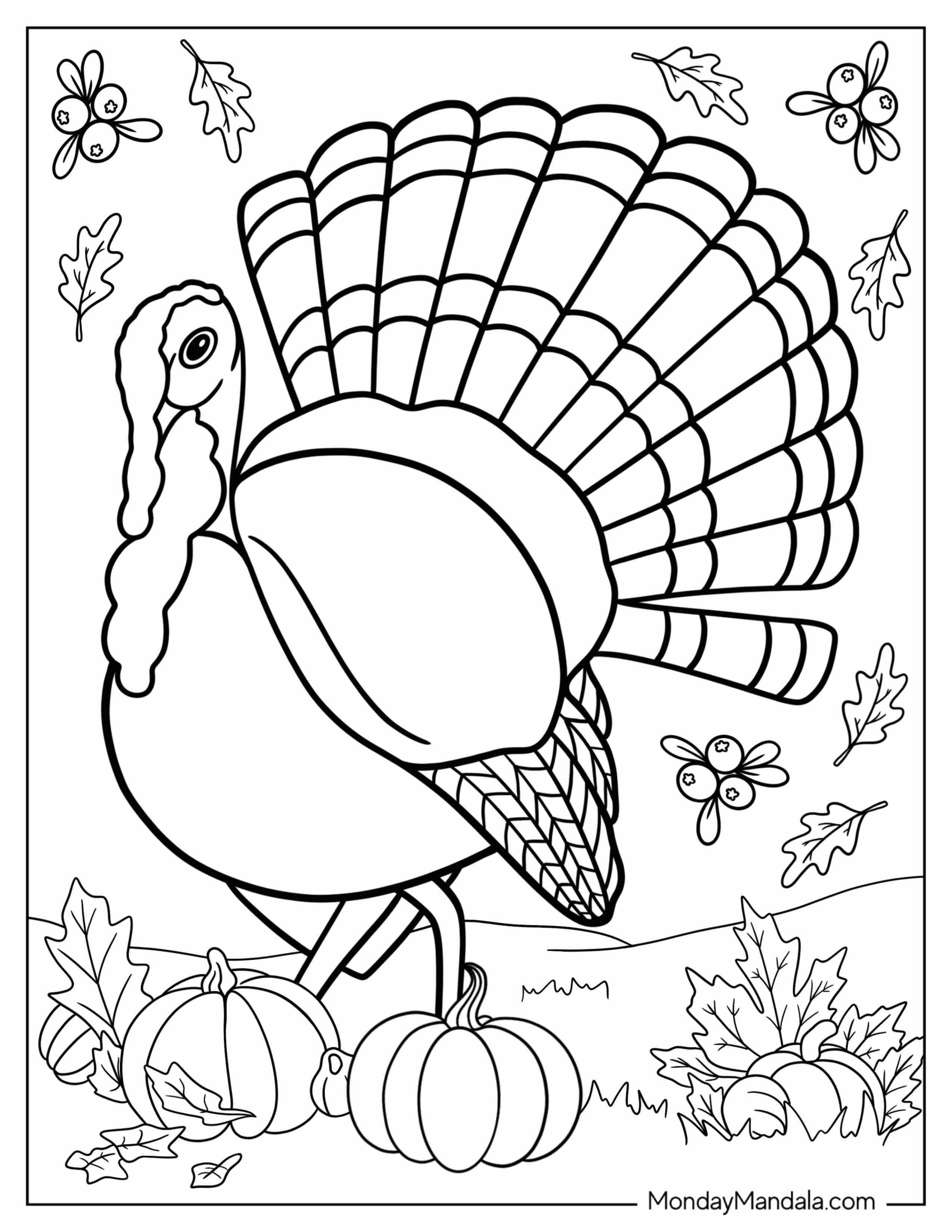 Fall Coloring Page Of Large Turkey Walking In Field With Pumpkins