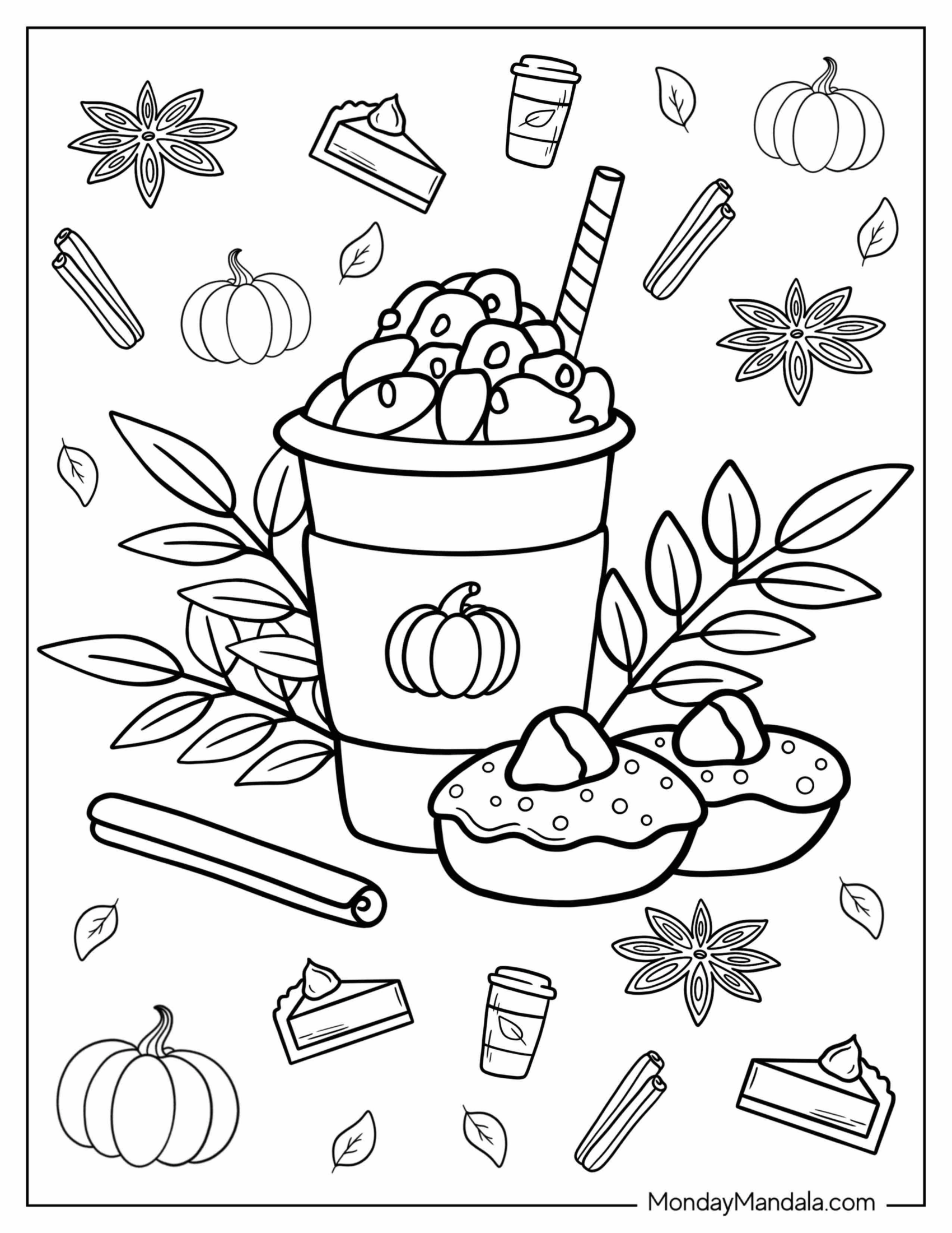 Fall Coloring Page Of Pumpkin Spice Latte With Pastries In Fall