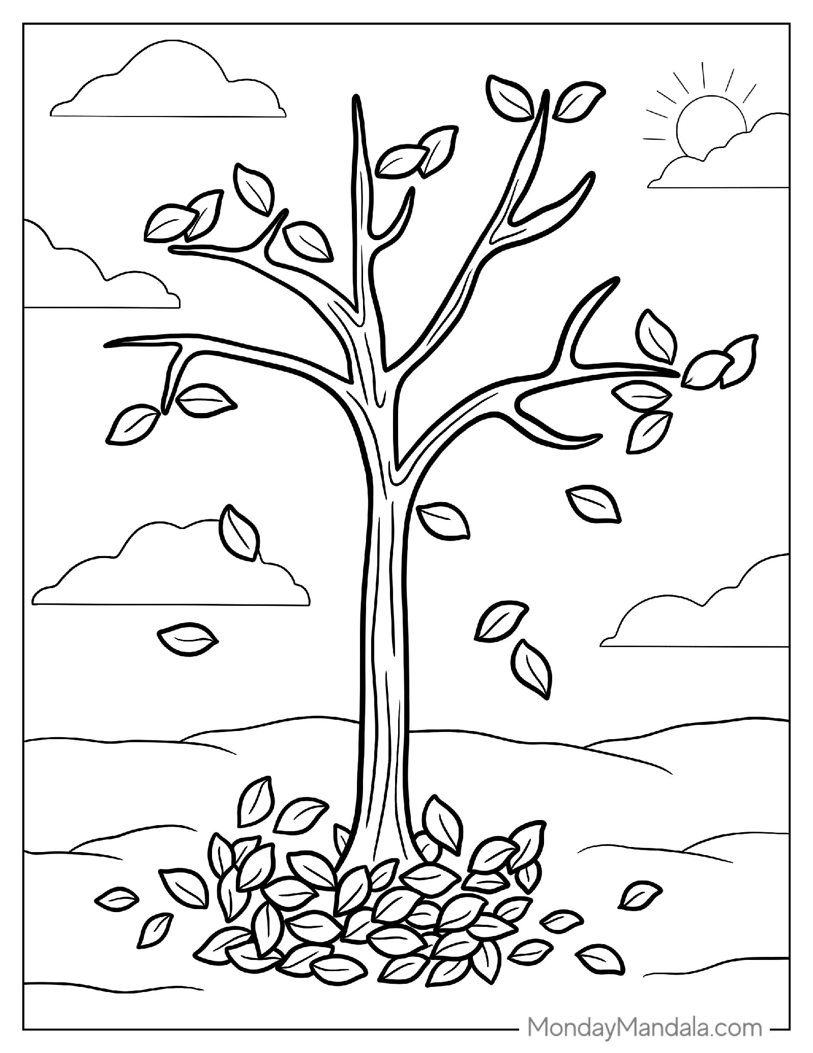 Fall Coloring Page Of Simple Tree With Falling Leaves