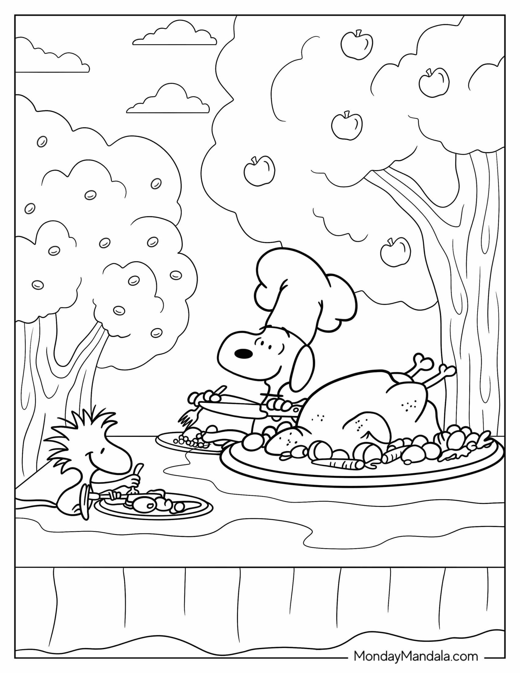 Fall Coloring Page Of Snoopy And Woodstock Eating Thanksgiving Turkey Outdoors