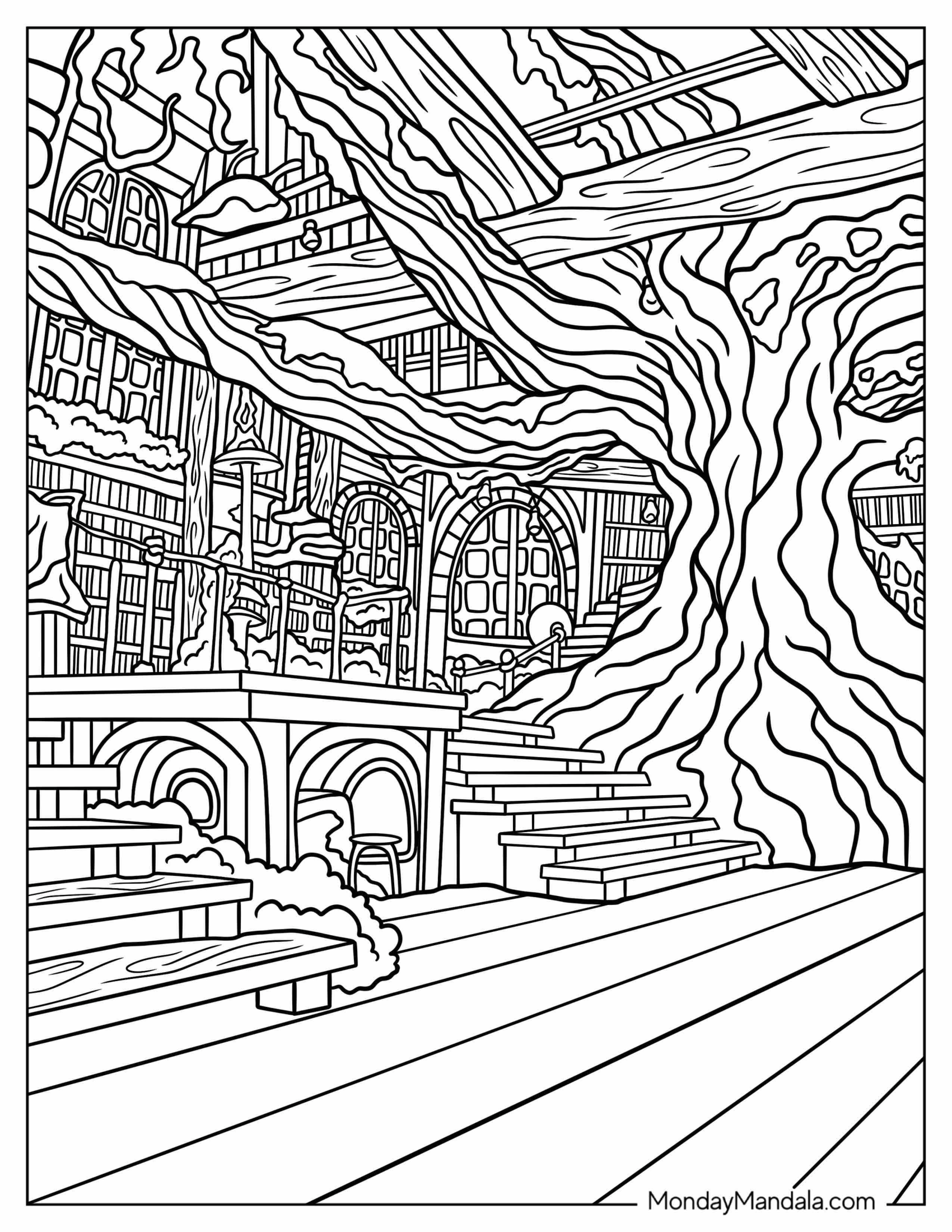 Fantasy Coloring Page Of Detailed Fantasy City In Forest