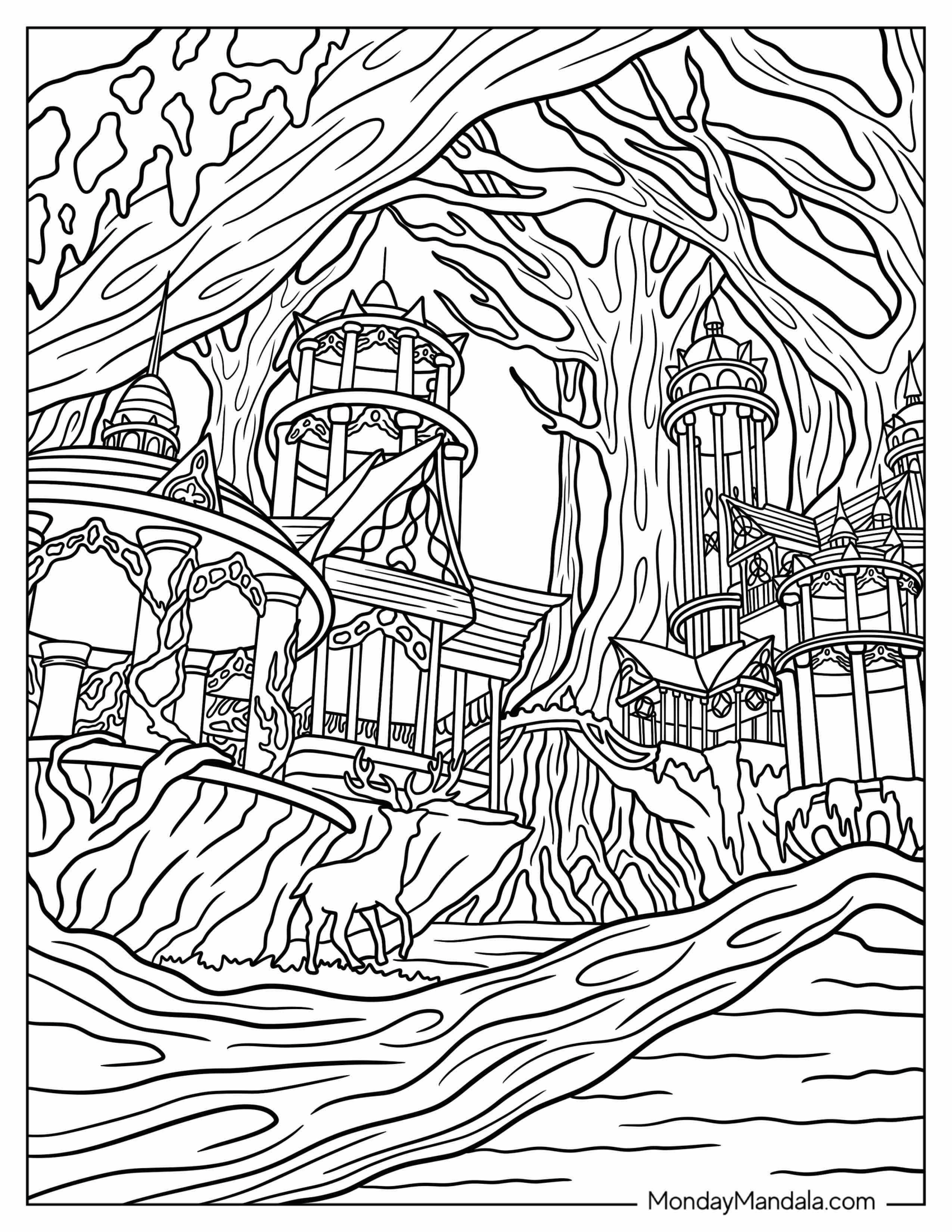 Fantasy Coloring Page Of Elf City In Forest With Magical Deer 