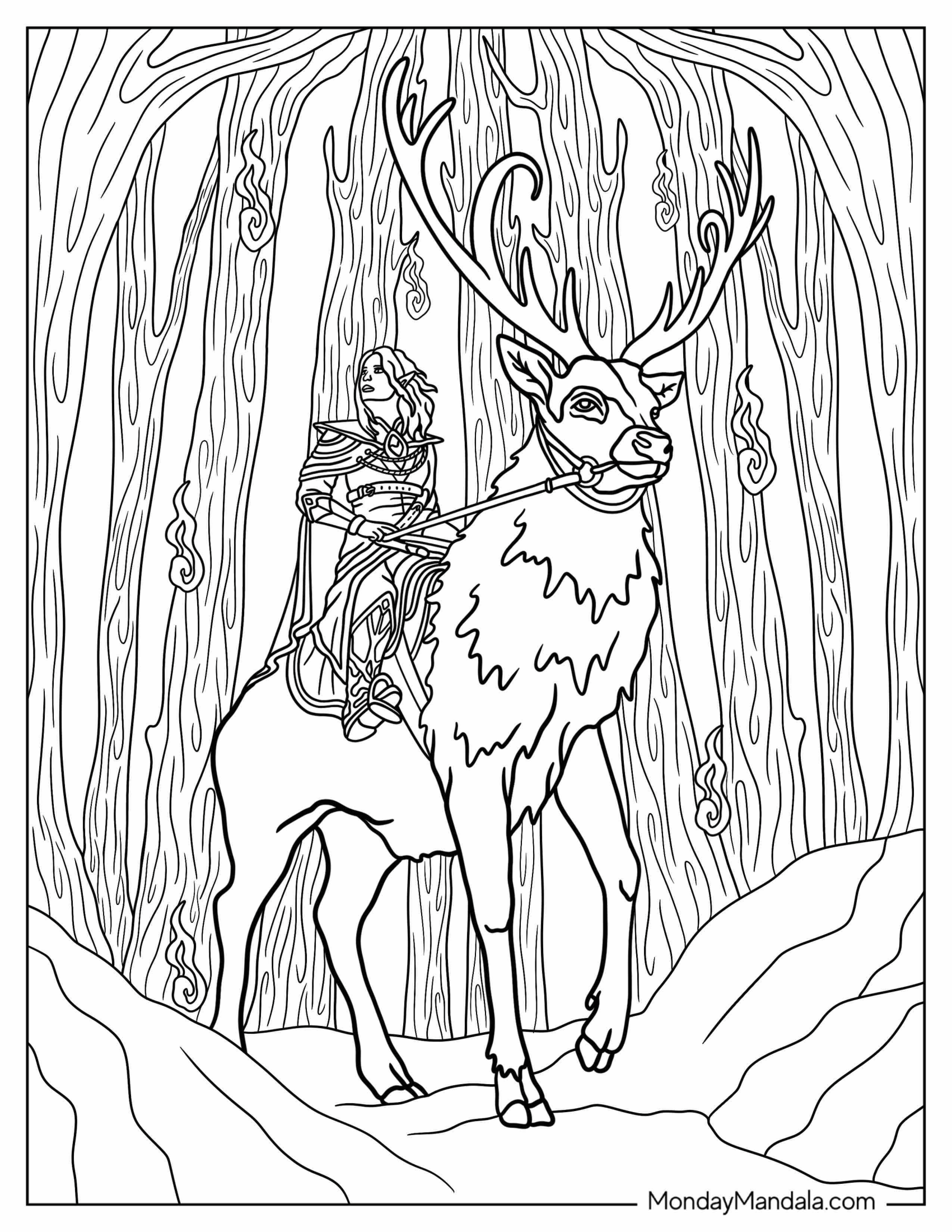 Fantasy Coloring Page Of Female Elf Warrior Riding Deer In Magic Forest