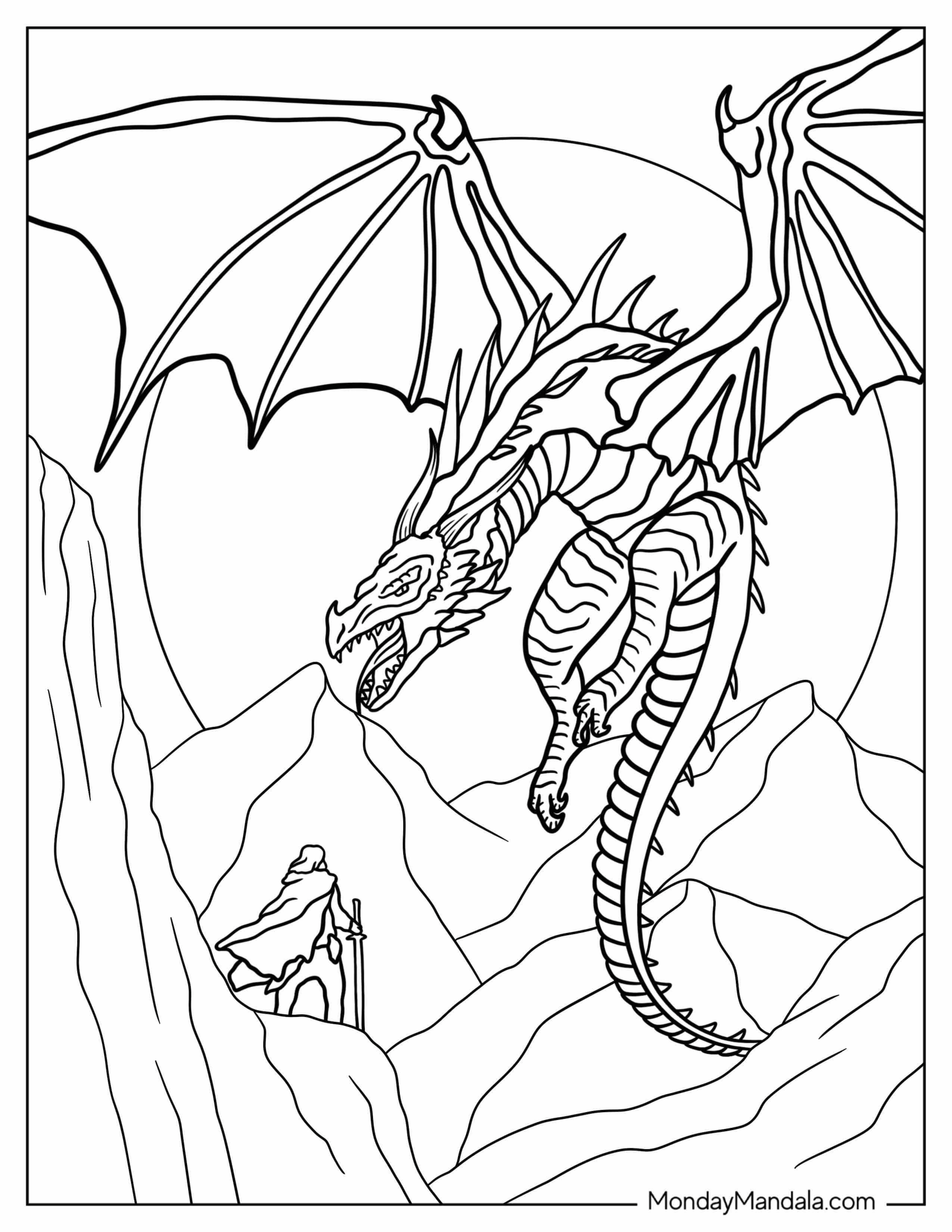 Fantasy Coloring Page Of Knight Fighting Dragon In Mountains