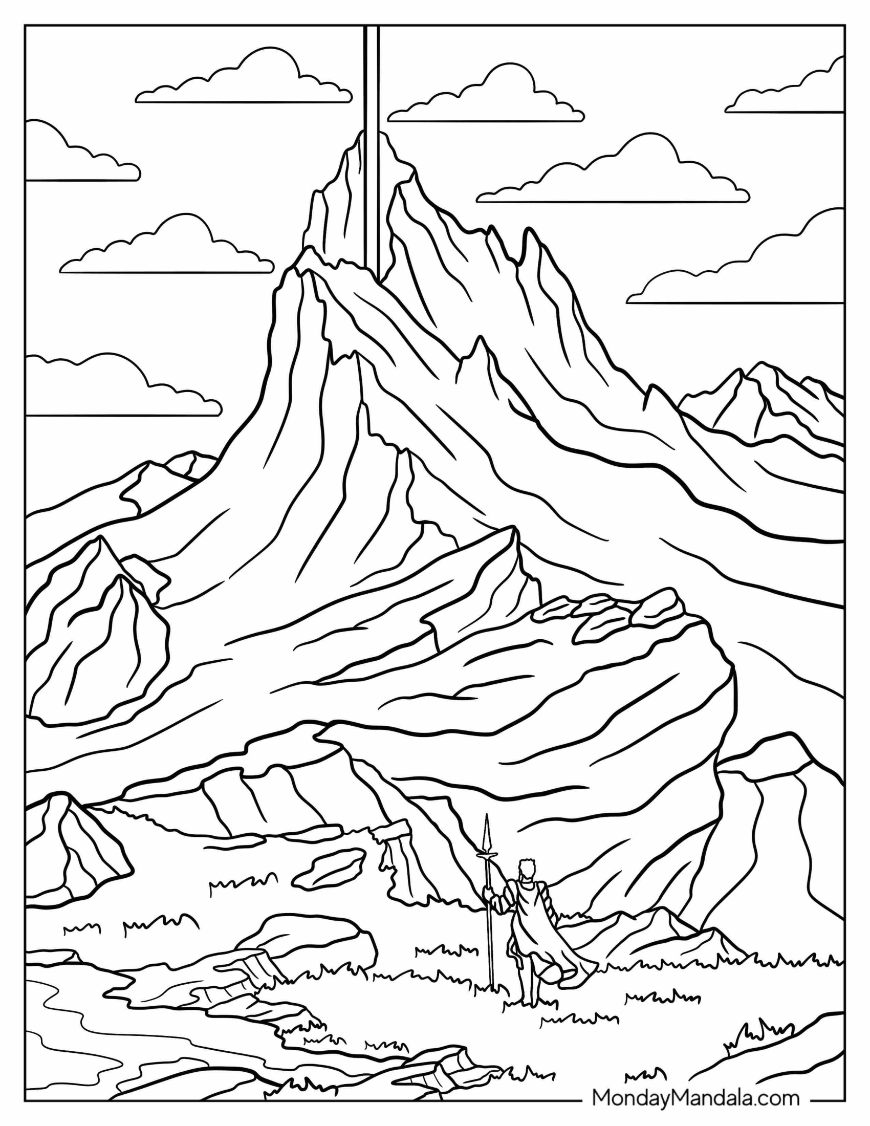 Fantasy Coloring Page Of Knight Standing In Front Of Magical Mountain