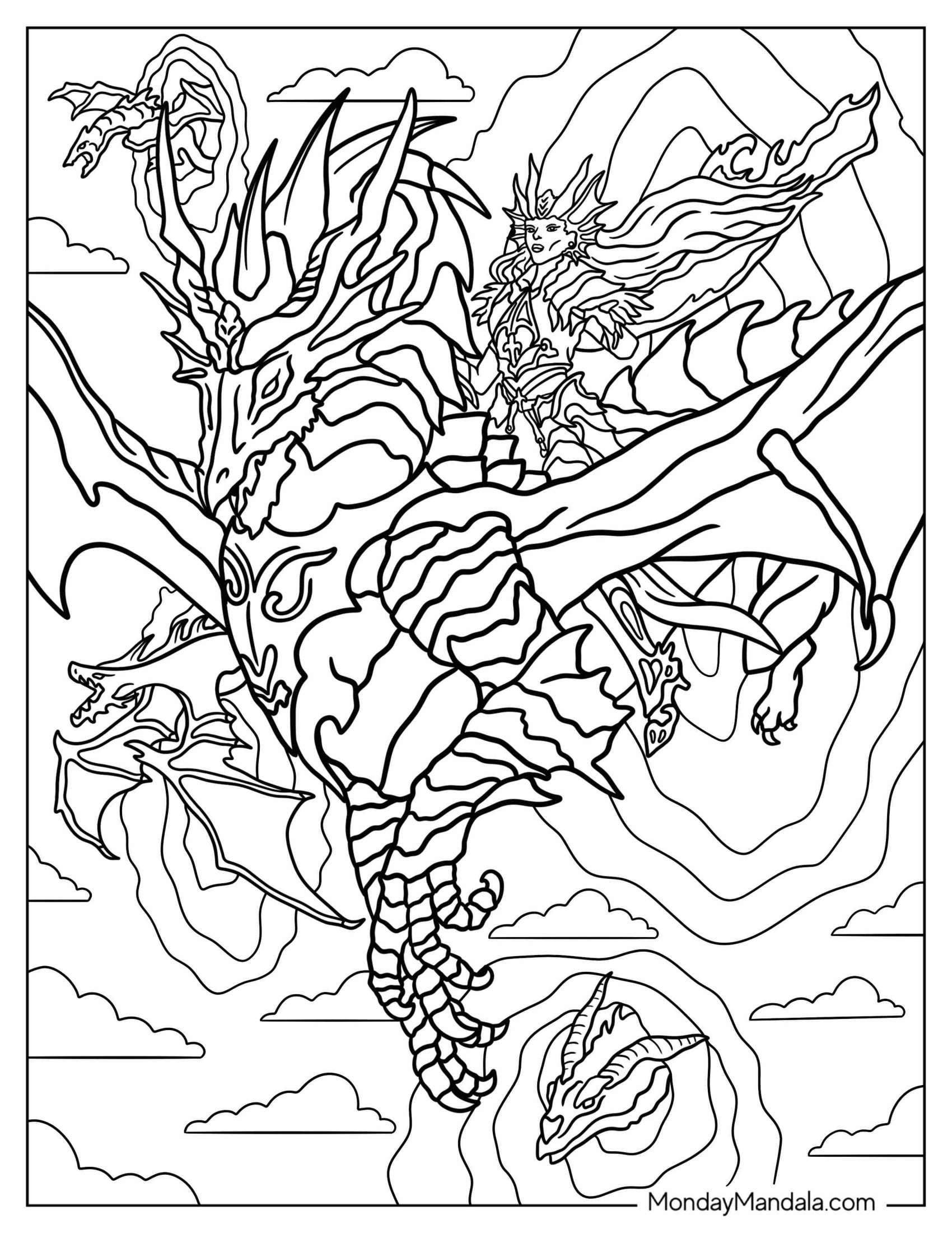 Fantasy Coloring Page Of Magical Woman Riding Dragon