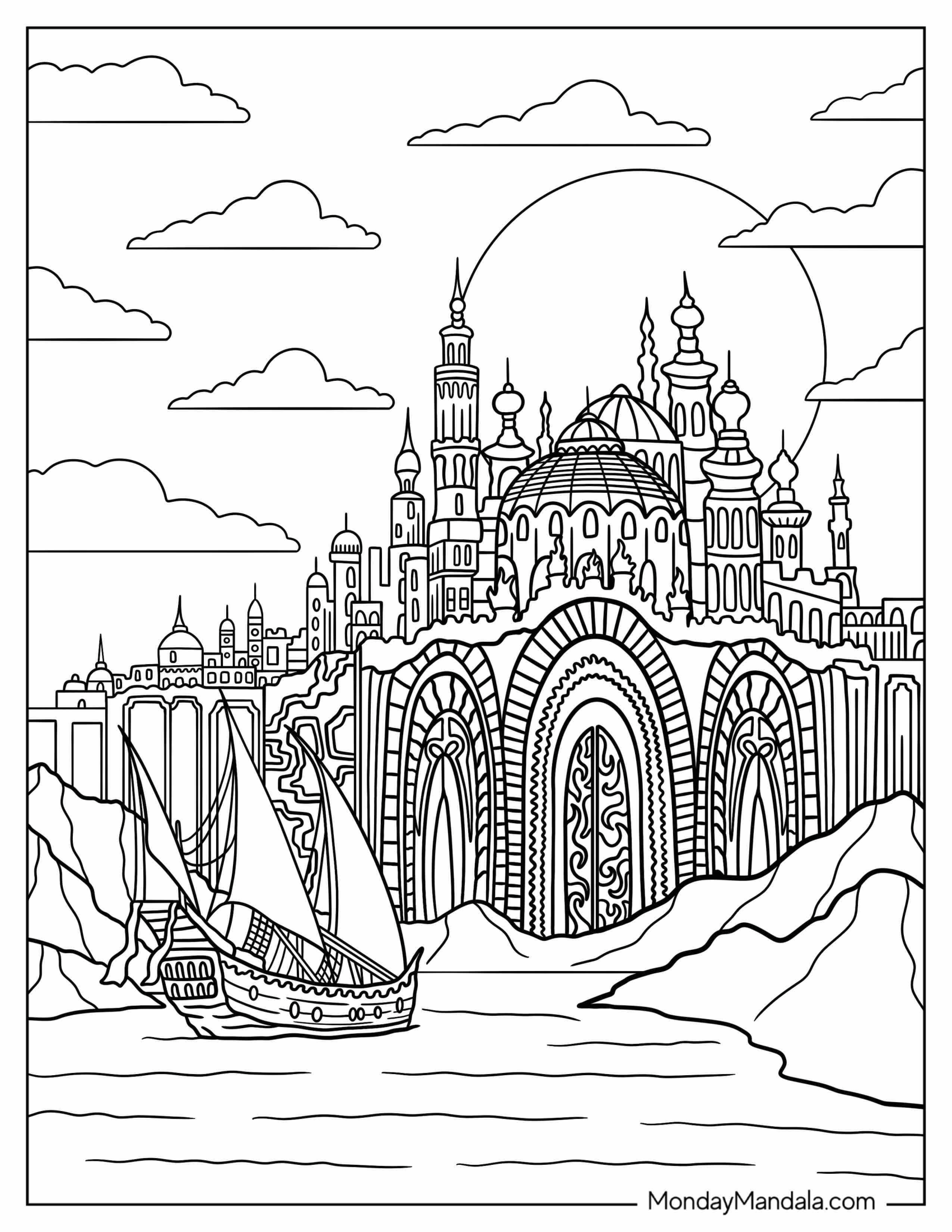 Fantasy Coloring Page Of Ship Arriving In Port City