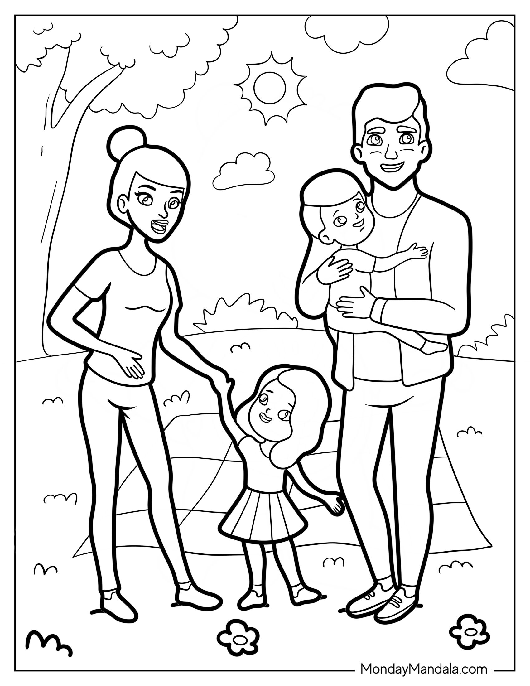 Father, Mother, And Young Daughter With Baby Coloring Page