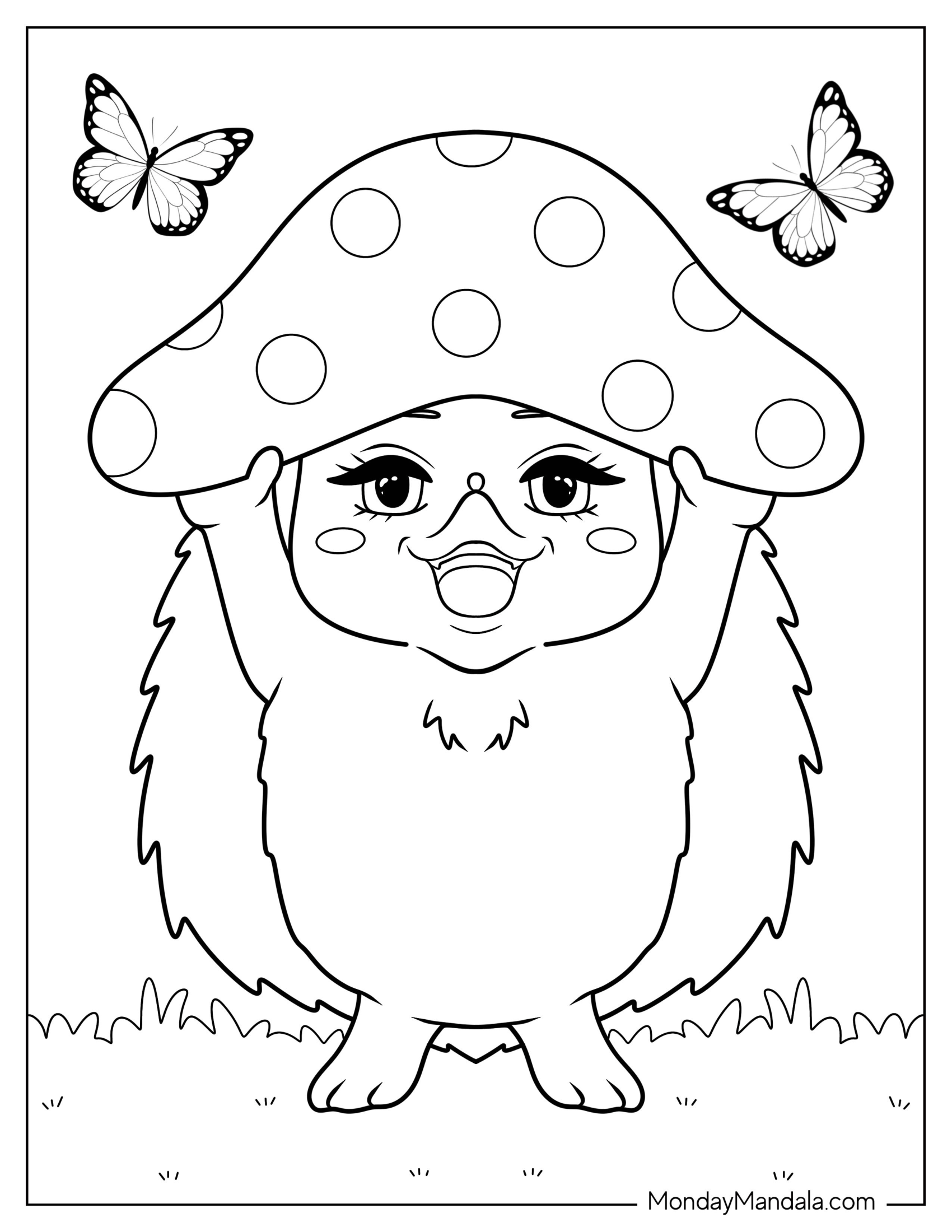 Female Hedgehog Coloring Page Holding Mushroom