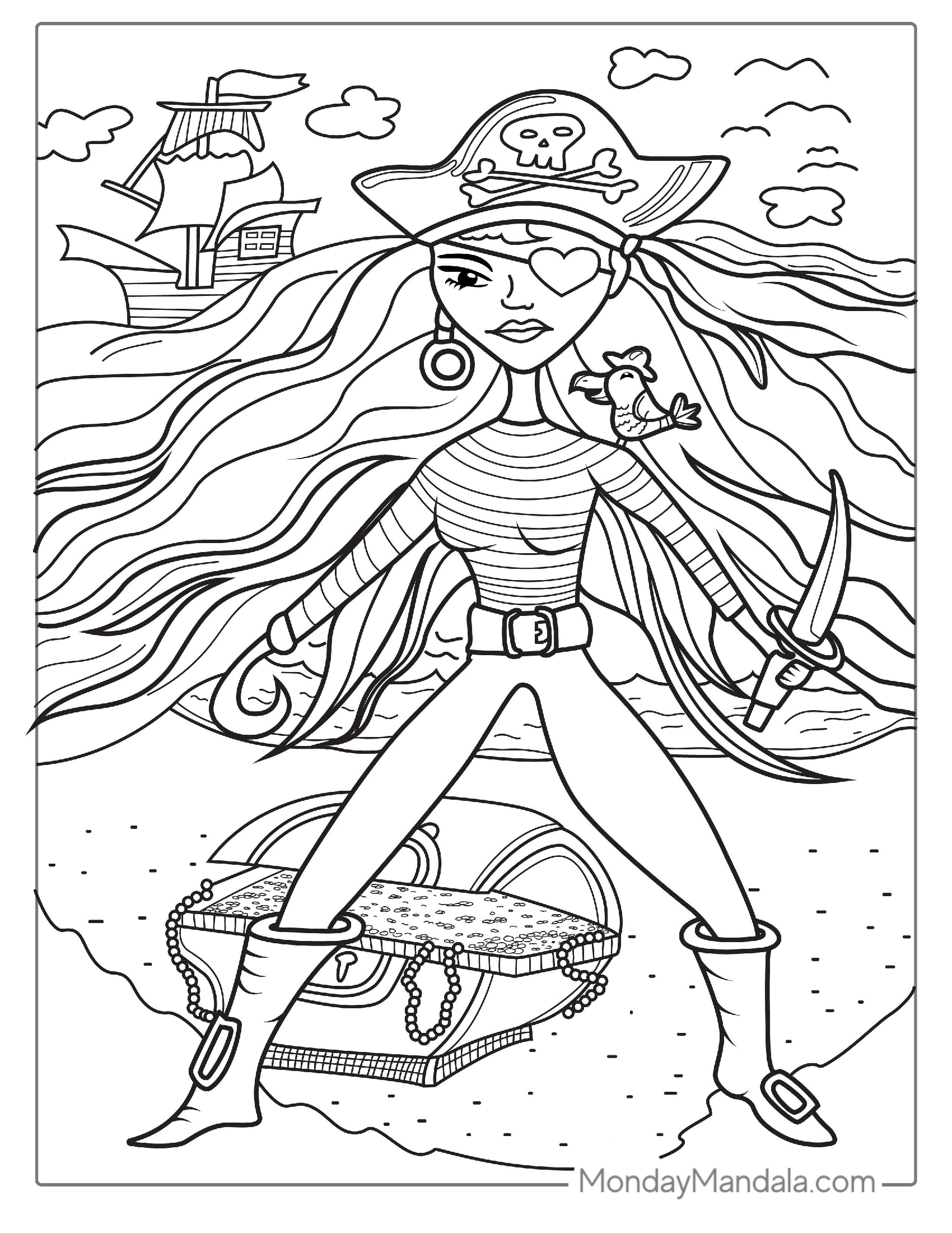 Female Pirate With Parrot Coloring Sheet