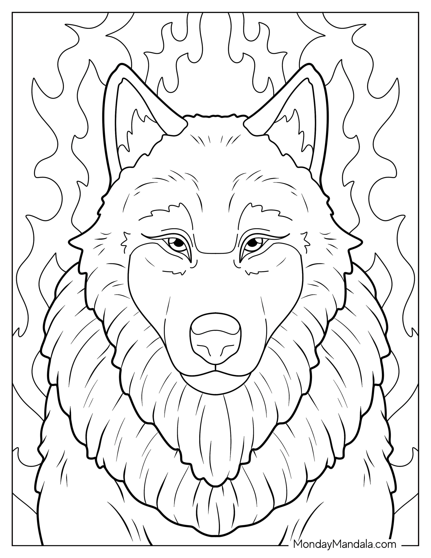 Fierce Adult Wolf Coloring Page With Flames