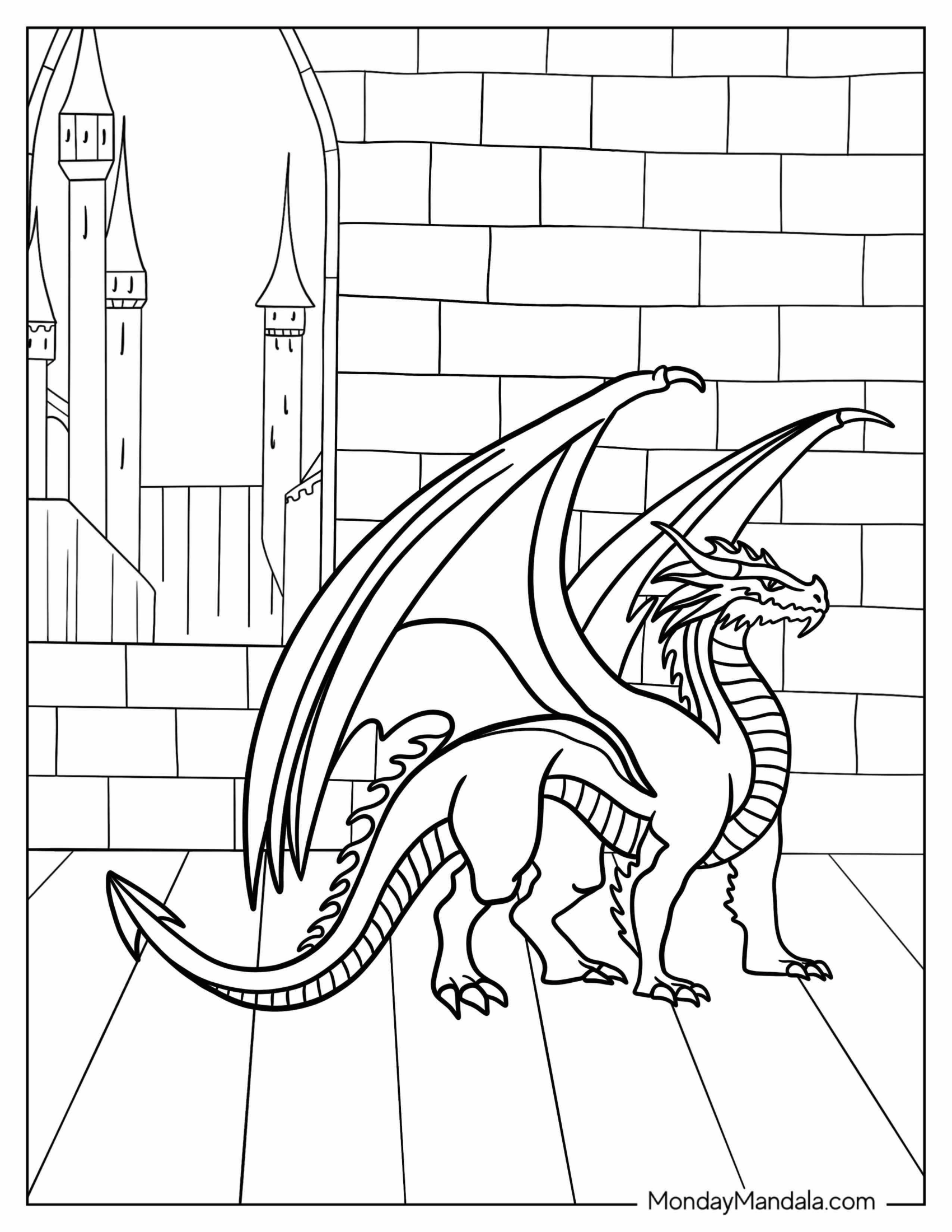 Fierce Looking Dragon Next To Castle