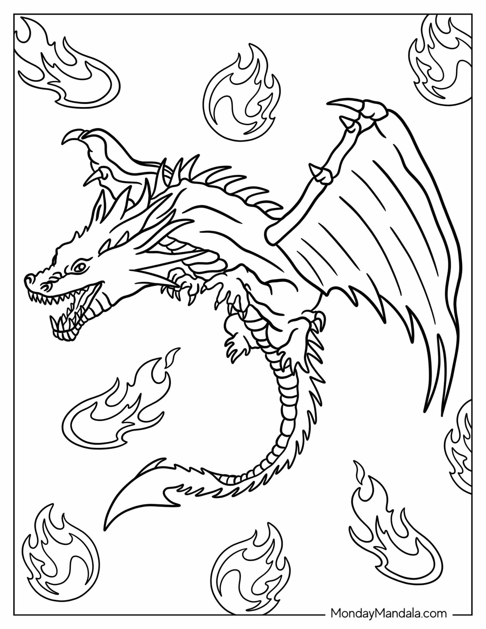 Fierce Looking Dragon With Fireballs To Color