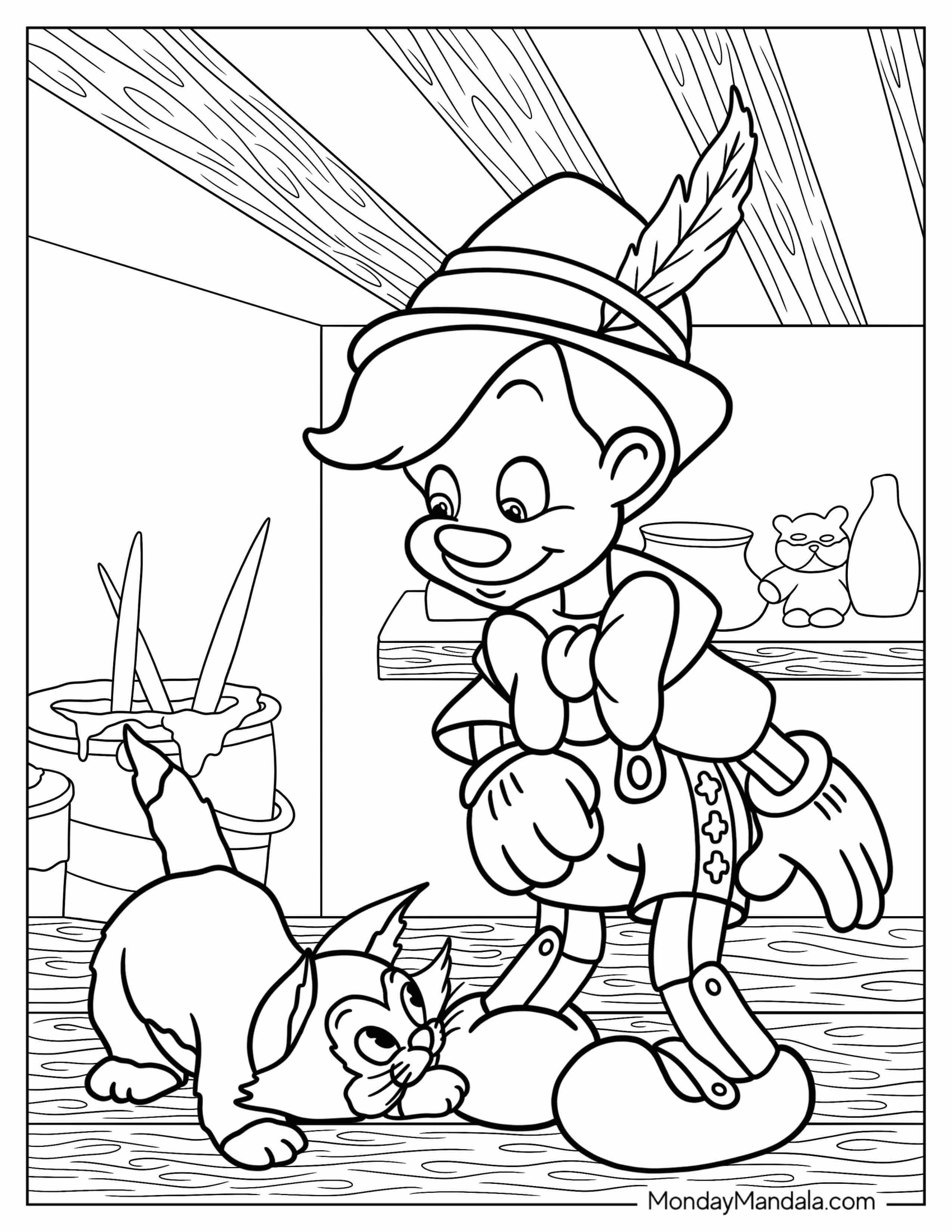 Figaro Playing With Puppet Pinocchio Coloring Page In Workshop