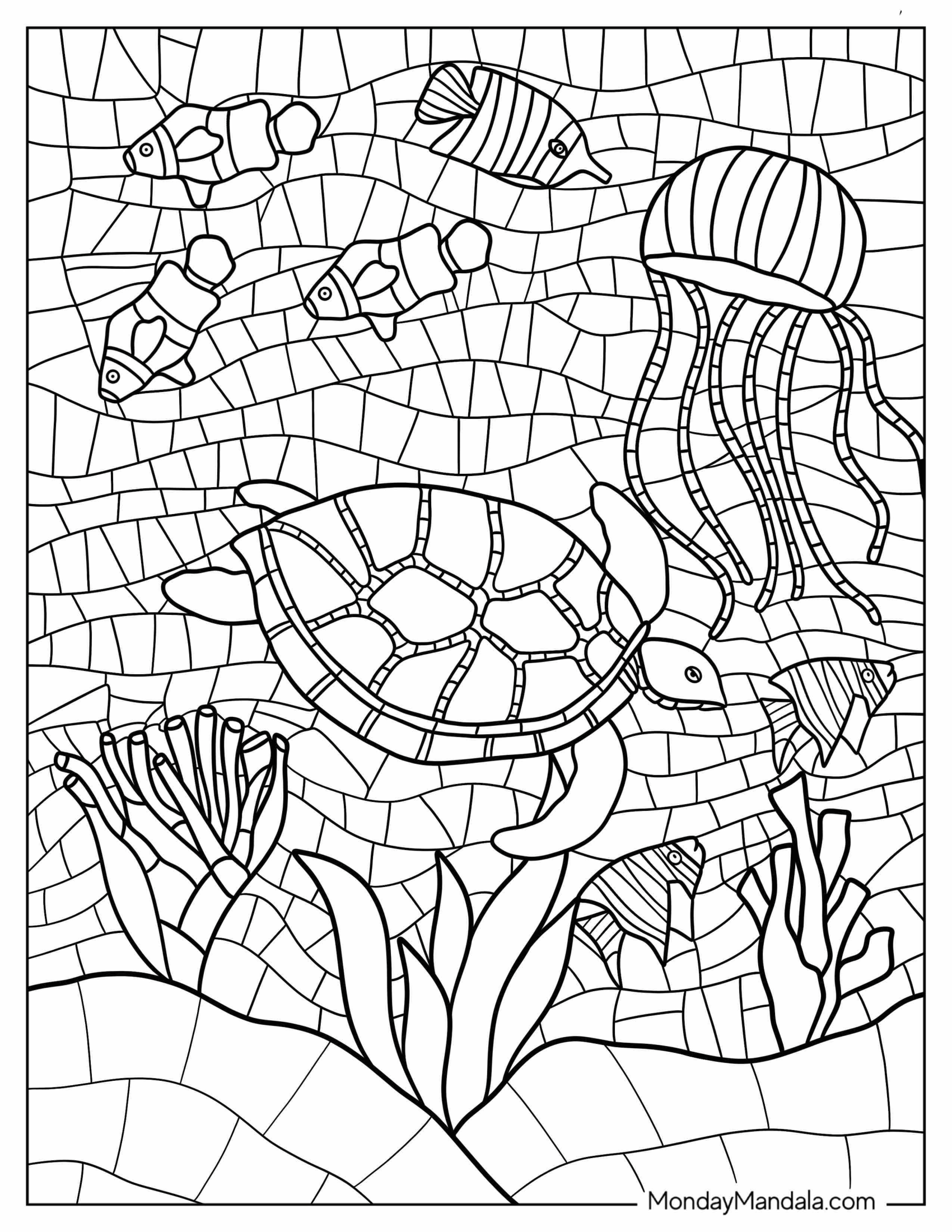 Fish, Turtles, And Jellyfish Underwater Mosaic Coloring Page