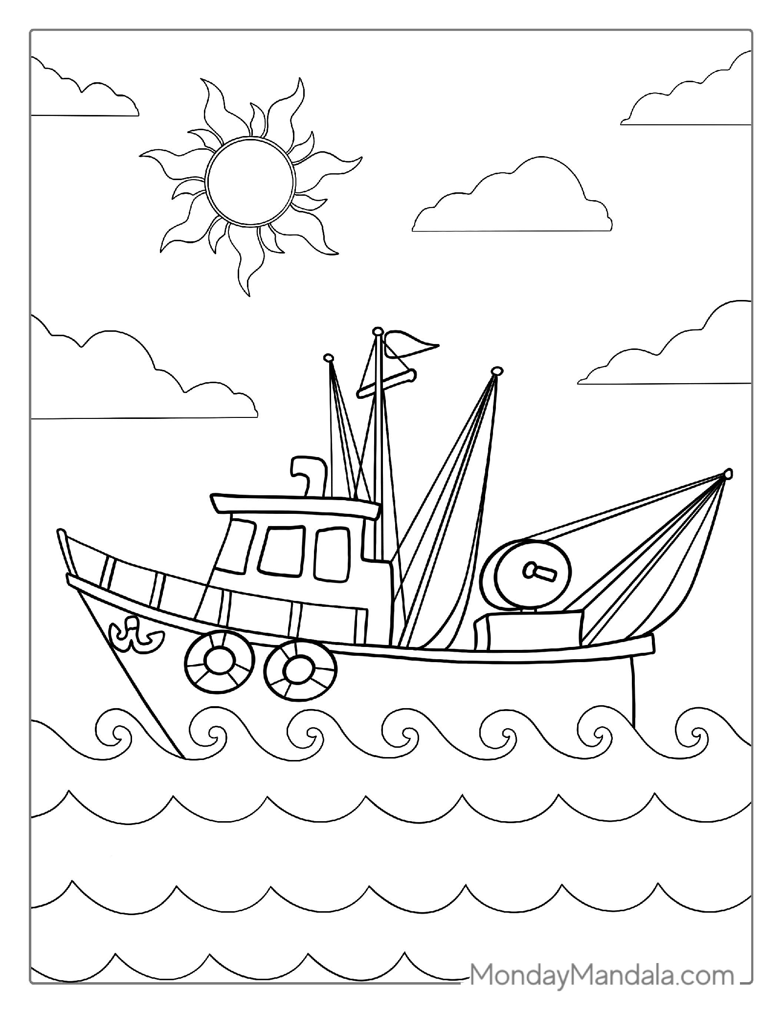 Fishing Boat Out On The Ocean To Color