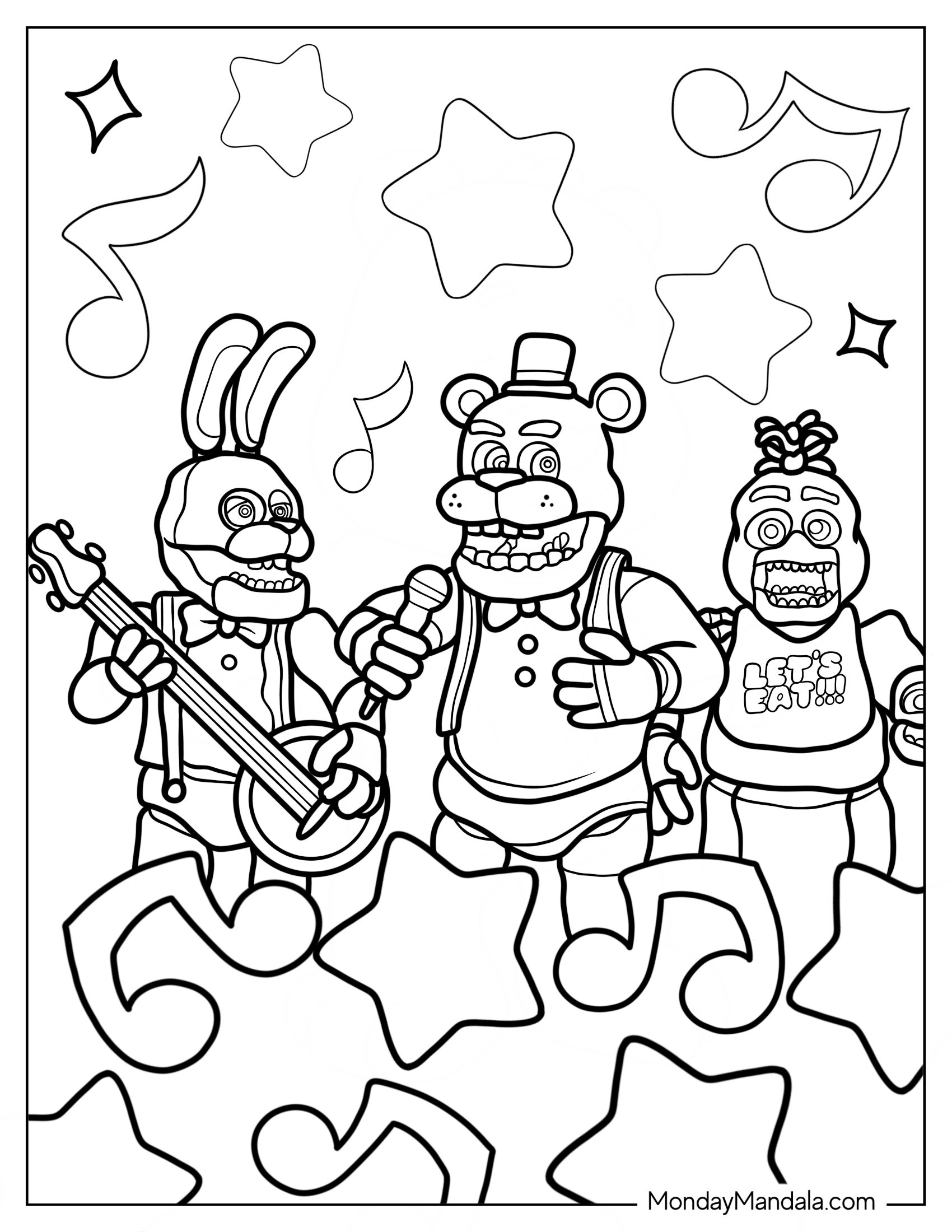 Five Nights At Freddy's Coloring Page Of Bonnie, Fazbear, And Chia In Band For Kids