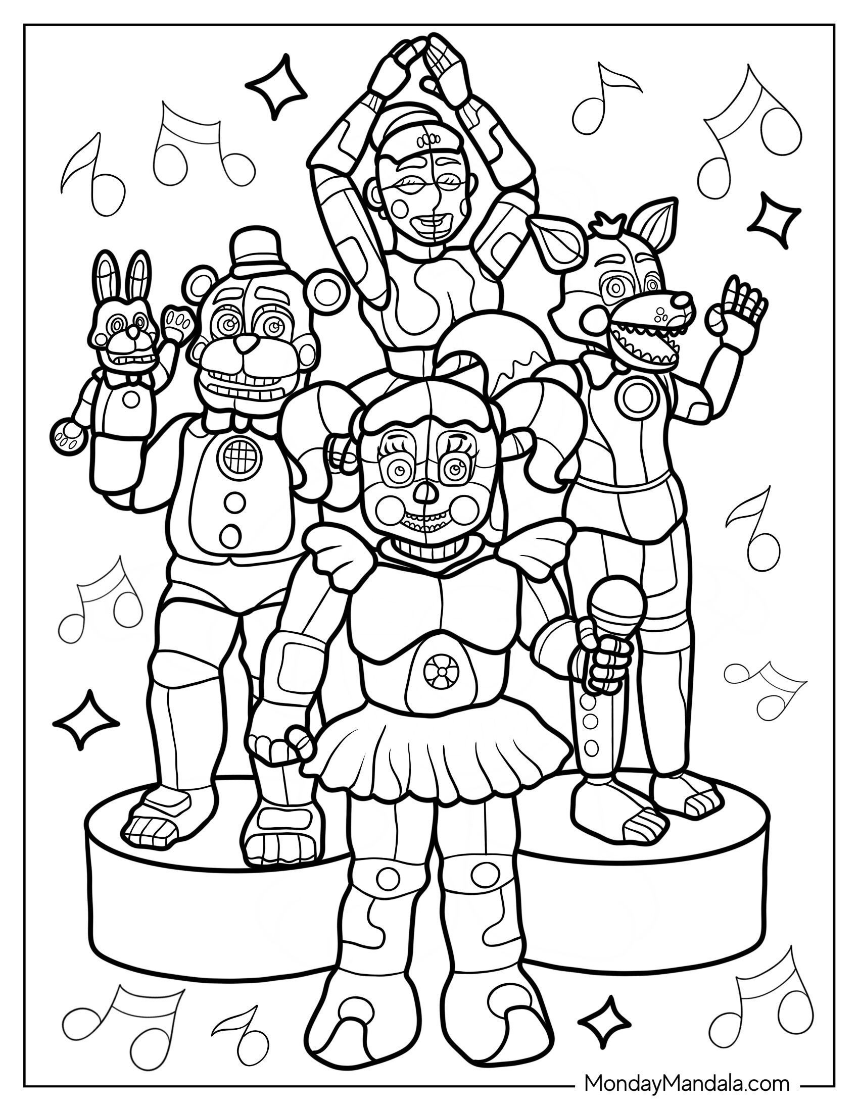 Five Nights At Freddy's Coloring Page Of Freddy Fazbear, Foxy, Ballora, And Circus Baby Performing