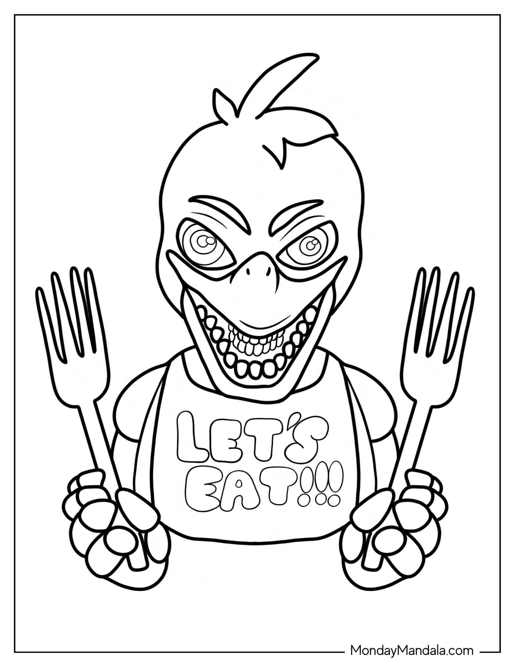 Five Nights At Freddy's Coloring Page Of Nightmare Chica Holding Forks