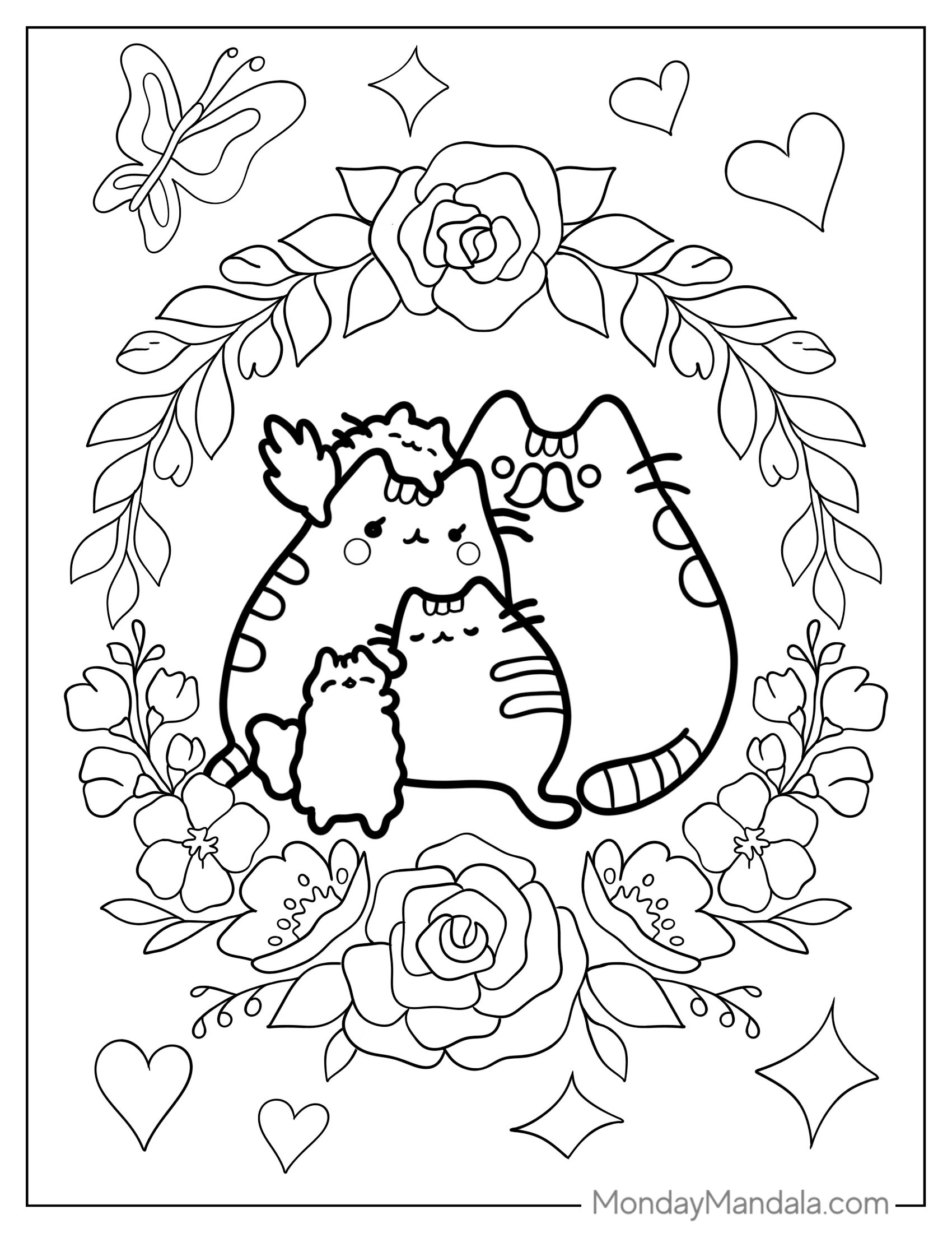 Floral Themed Pusheen Coloring Page For Adults