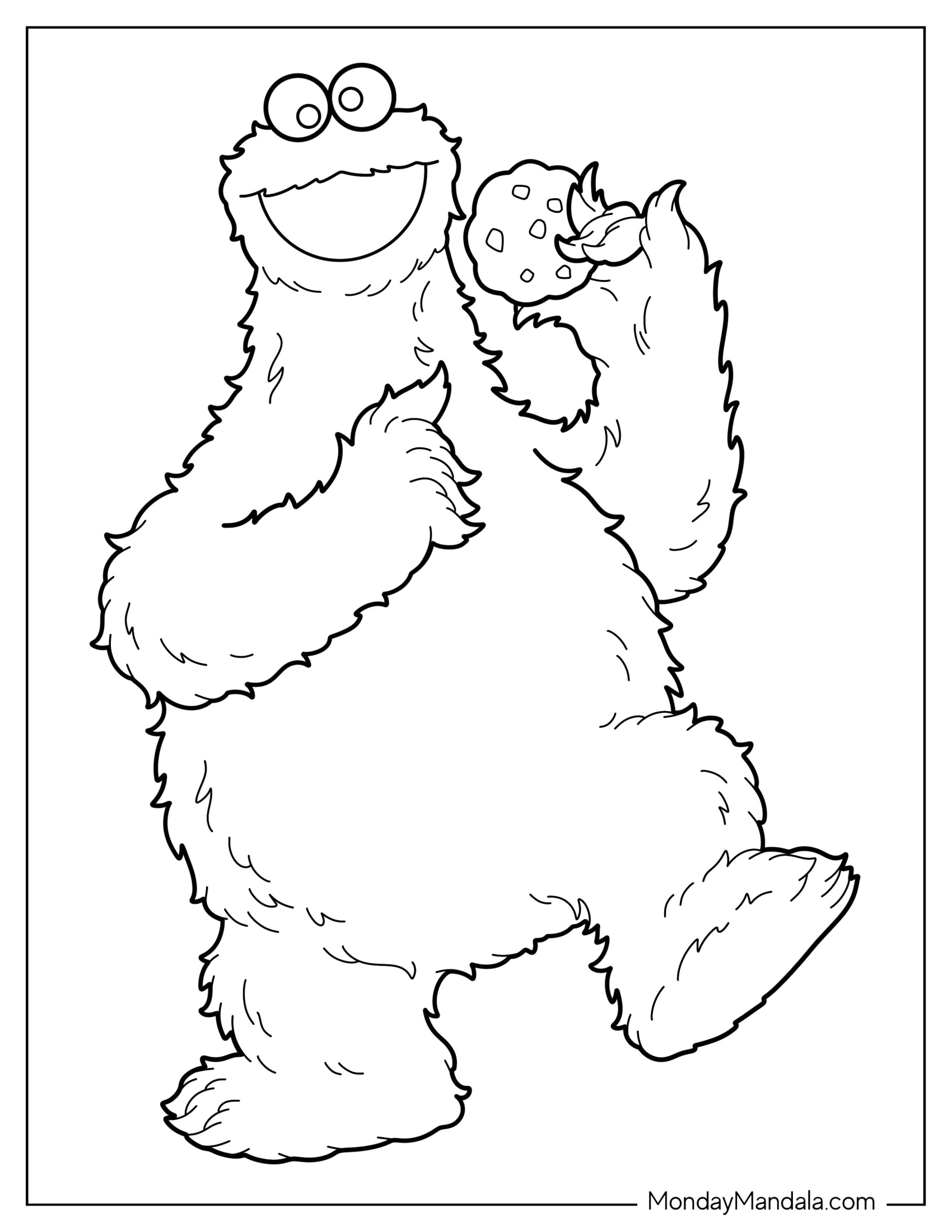 Fluffy Cookie Monster Coloring Page Holding Up Cookie