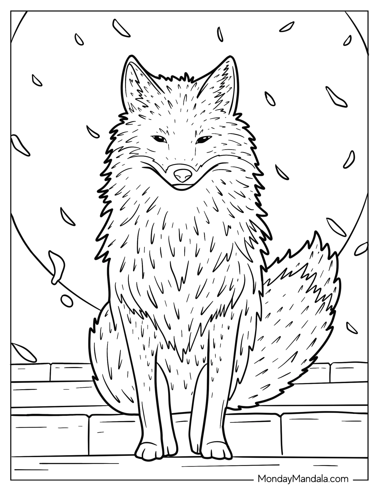 Fluffy Fox Coloring Page With Petals In Background