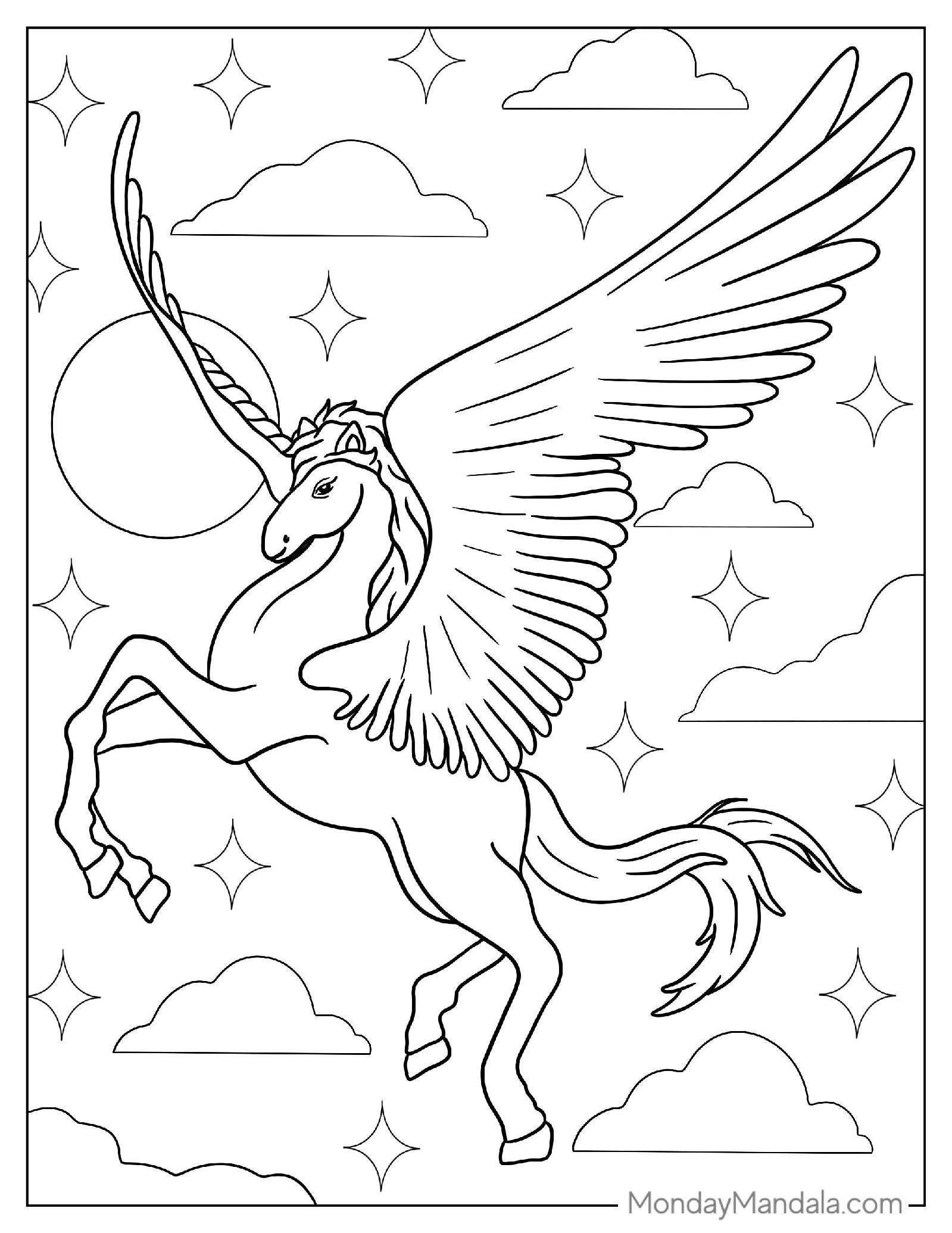 Flying Magical Winged Unicorn Coloring Page