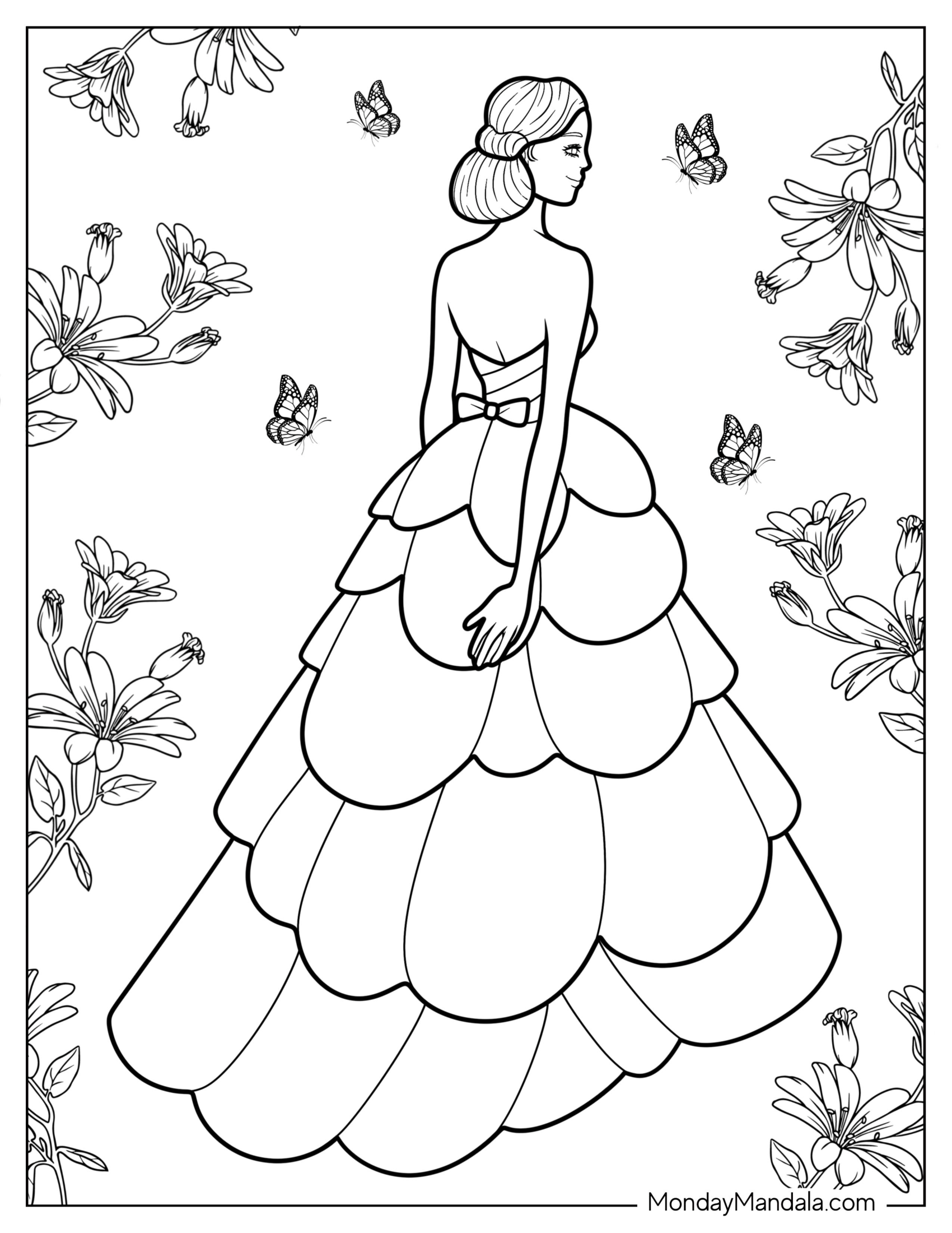 Formal Backless Dress Coloring Page With Tiered Skirt