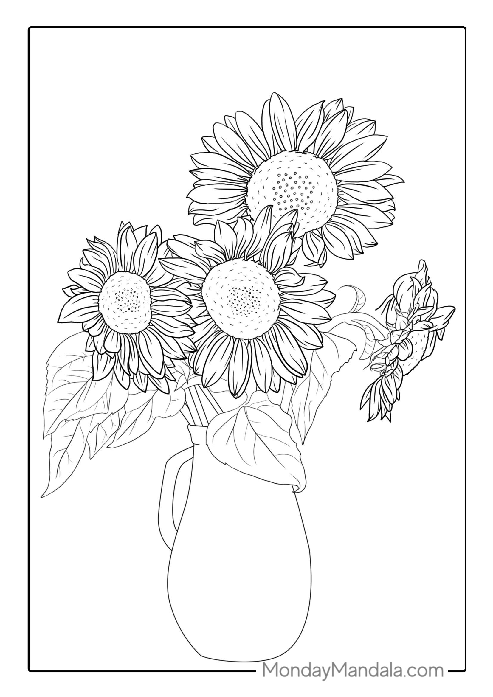 Four Beautiful Sunflowers In Vase For Coloring_