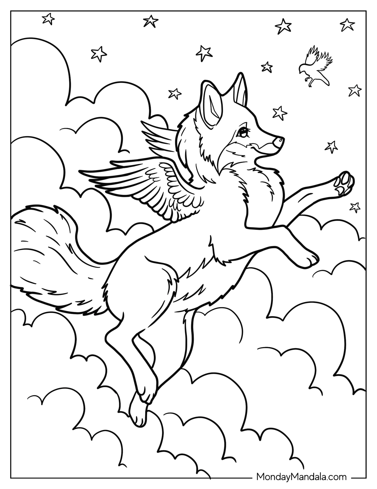 Fox Coloring Page With Wings In The Clouds