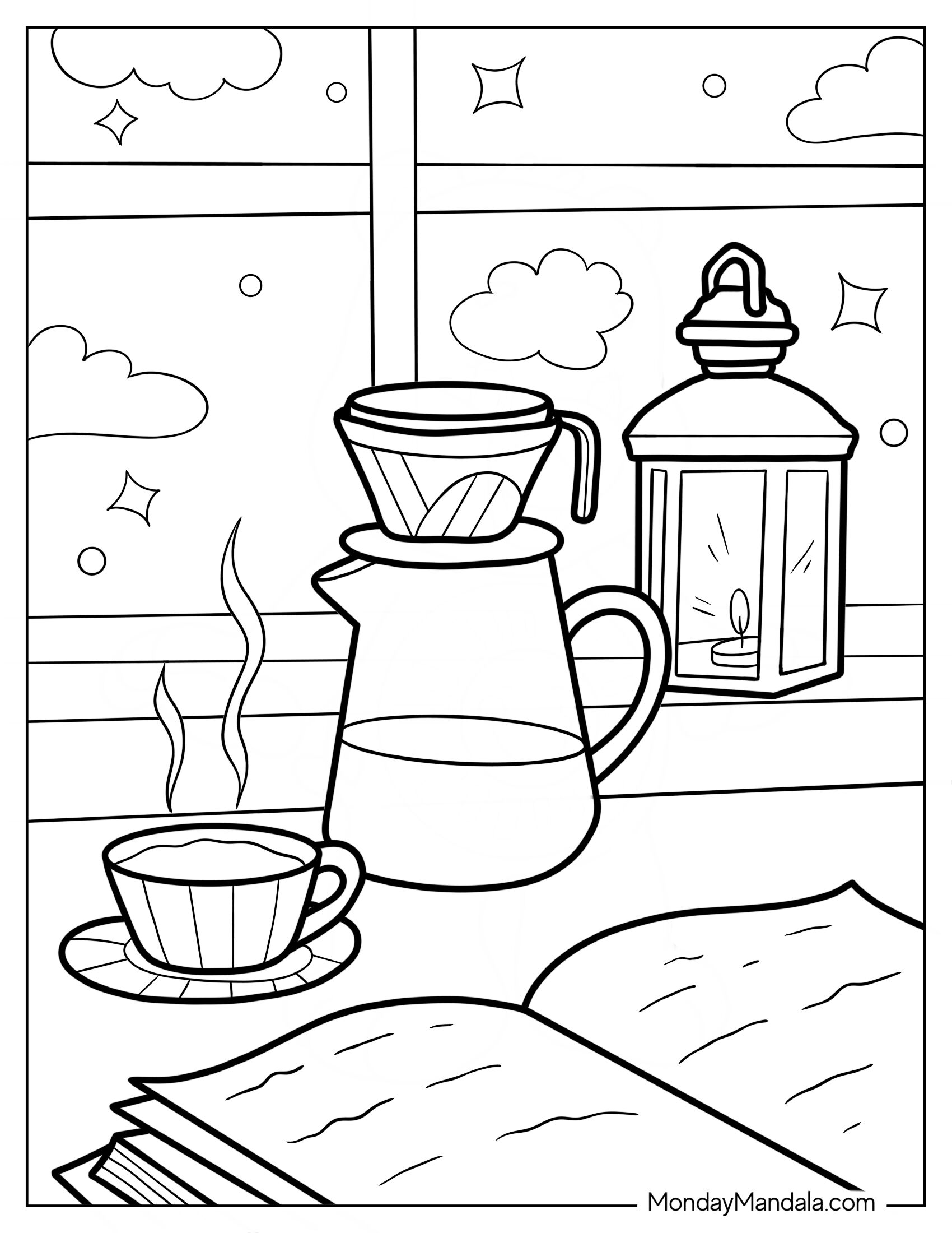 Freshly Brewed Coffee Coloring Page In Front Of Open Book