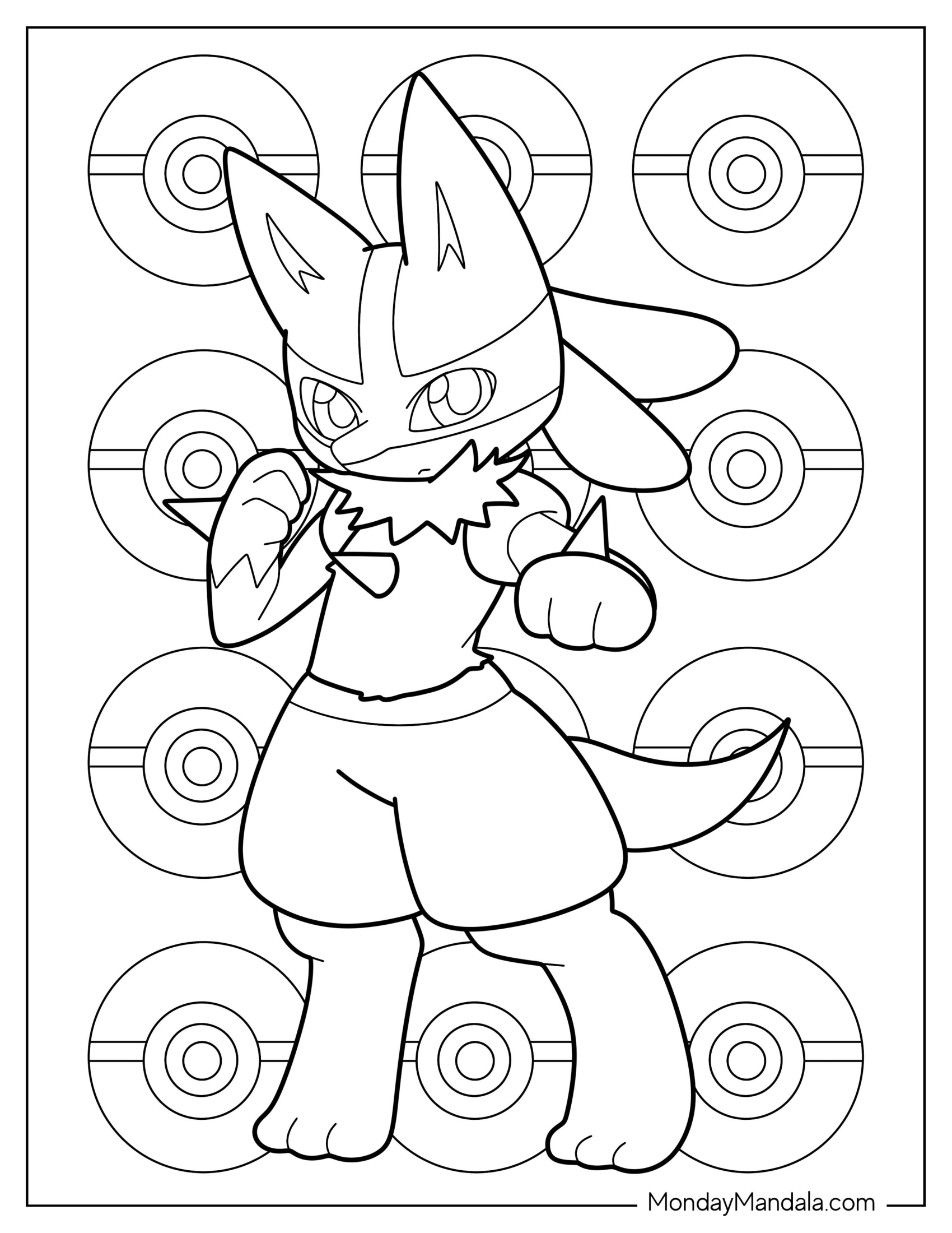 Frowning Baby Lucario Coloring Page With Pokeballs In Background