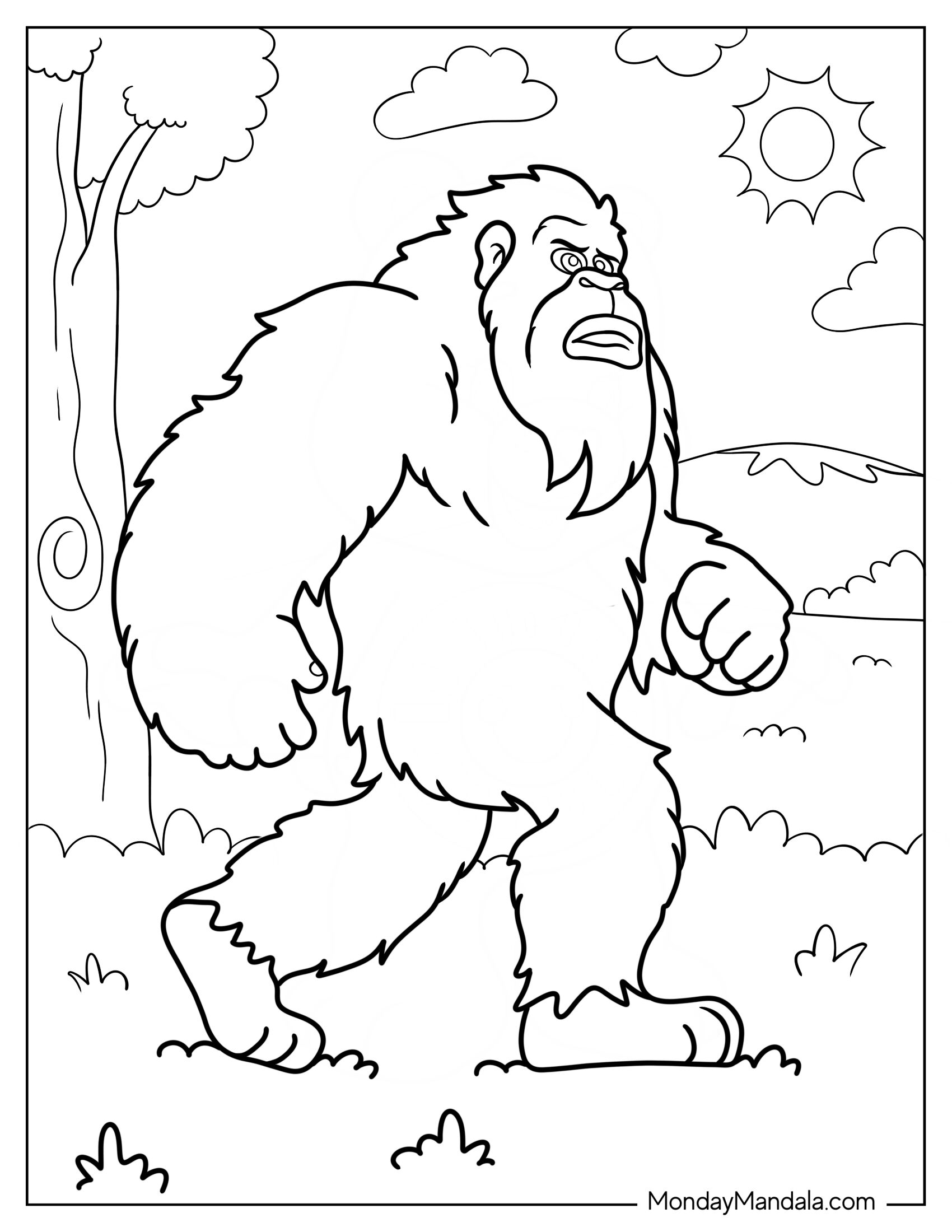 Furry Bigfoot And Yeti Coloring Page Running Under The Sun