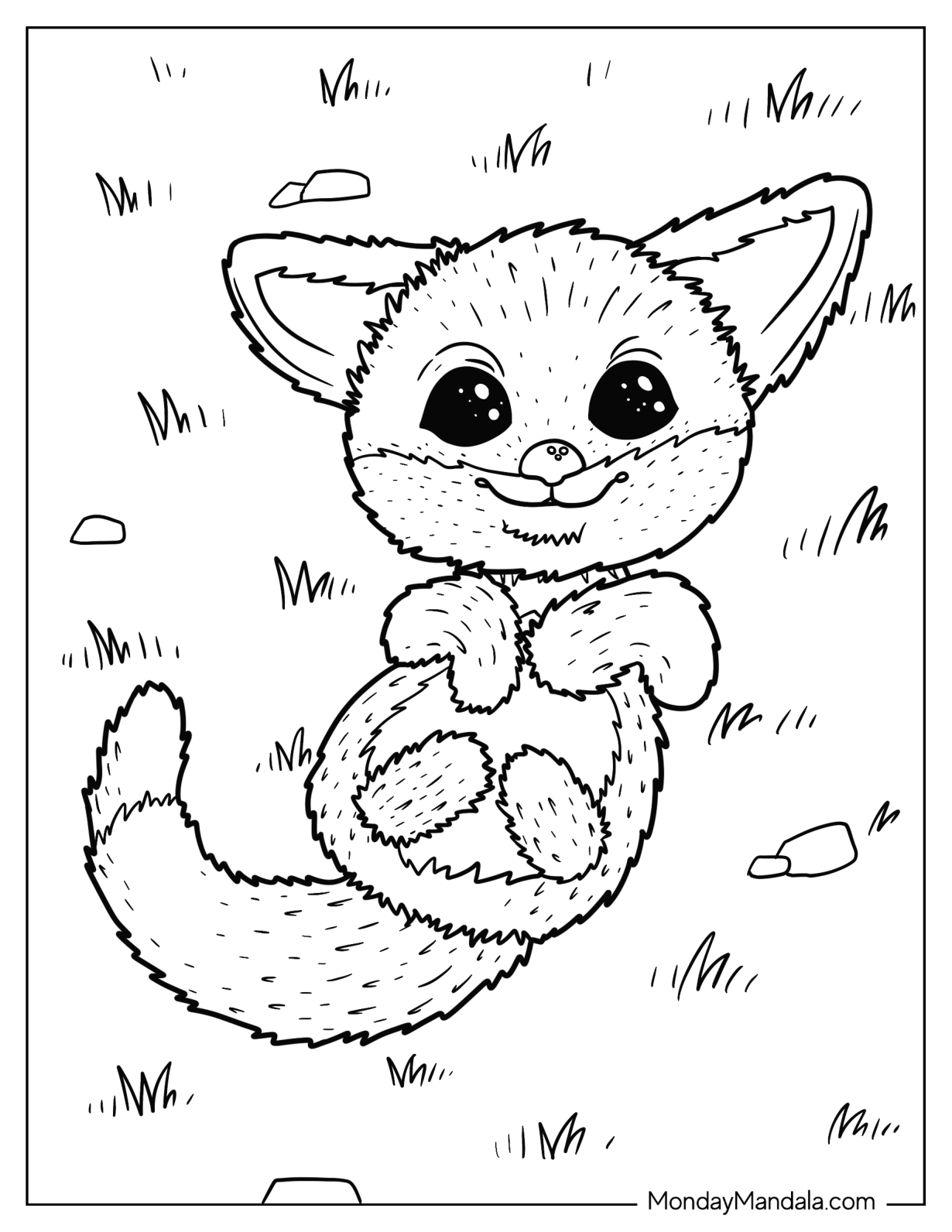 Furry Fox Coloring Page With Big Eyes Lying On Grass