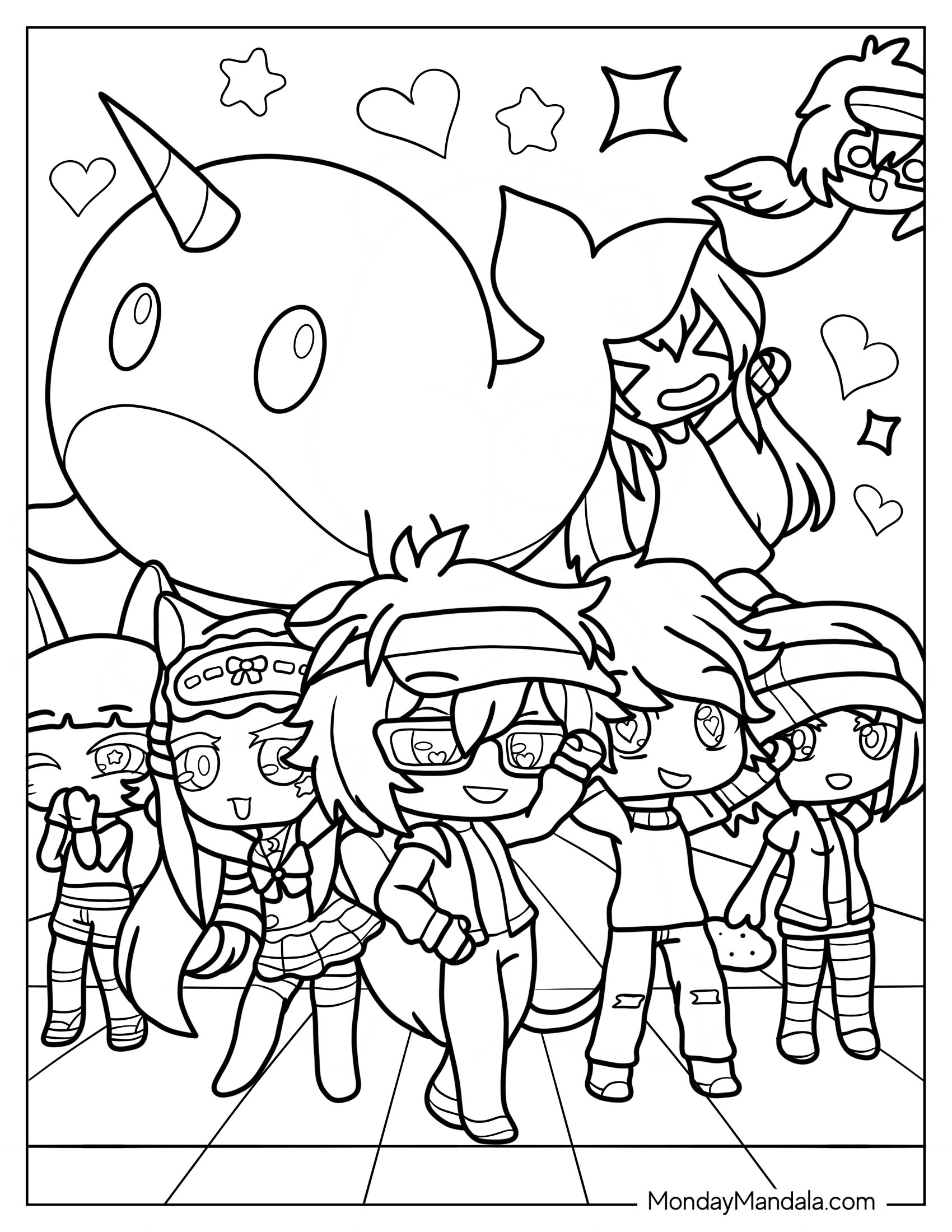 Gacha Life Coloring Page Of Luni, Lado, Senpaibuns, Male Buns, And Charlotte Mei