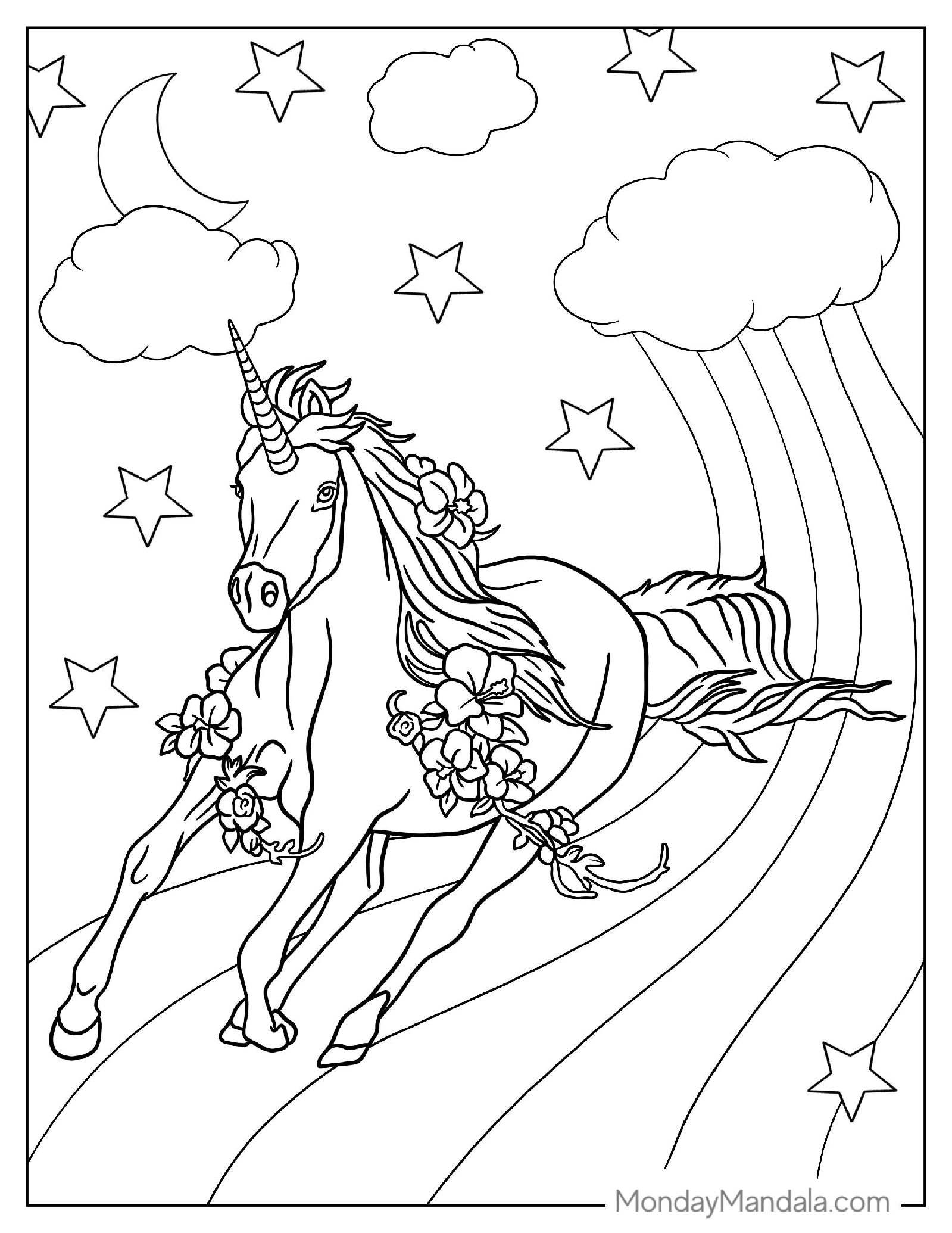 Galloping Unicorn On Rainbow To Color For Adults