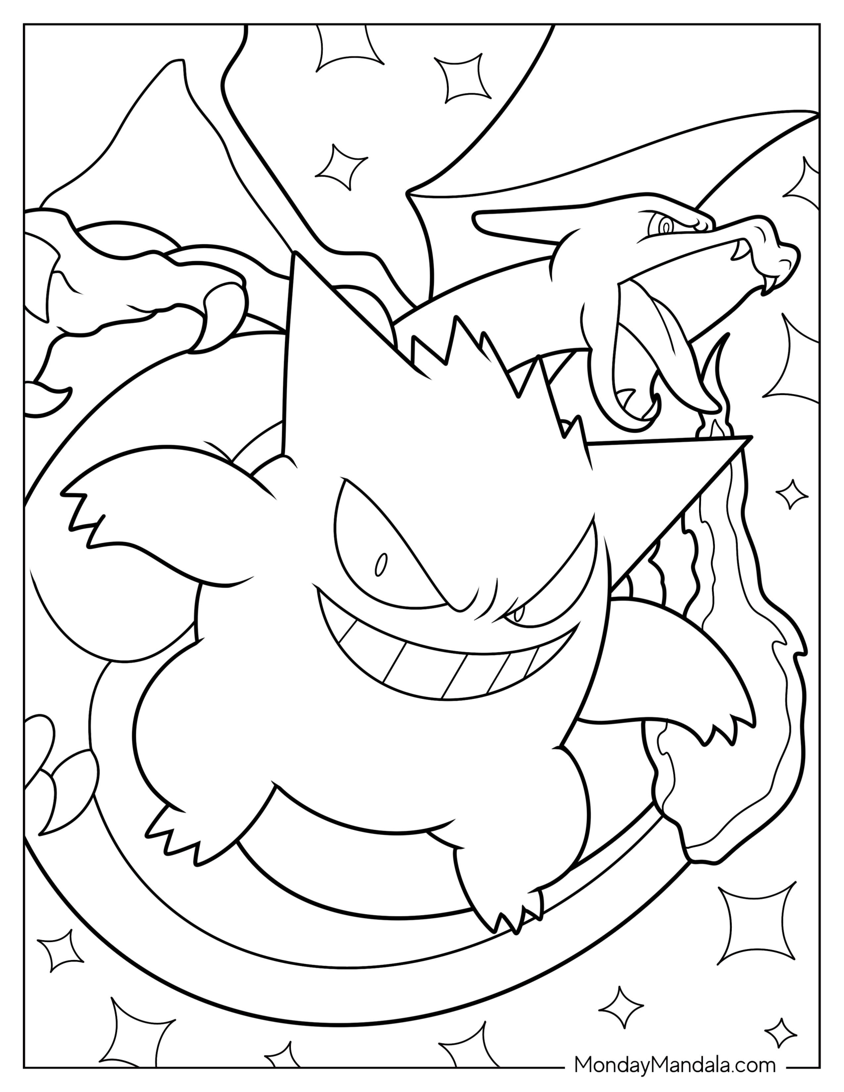 Gengar Coloring Page Fighting Alongside Charizard