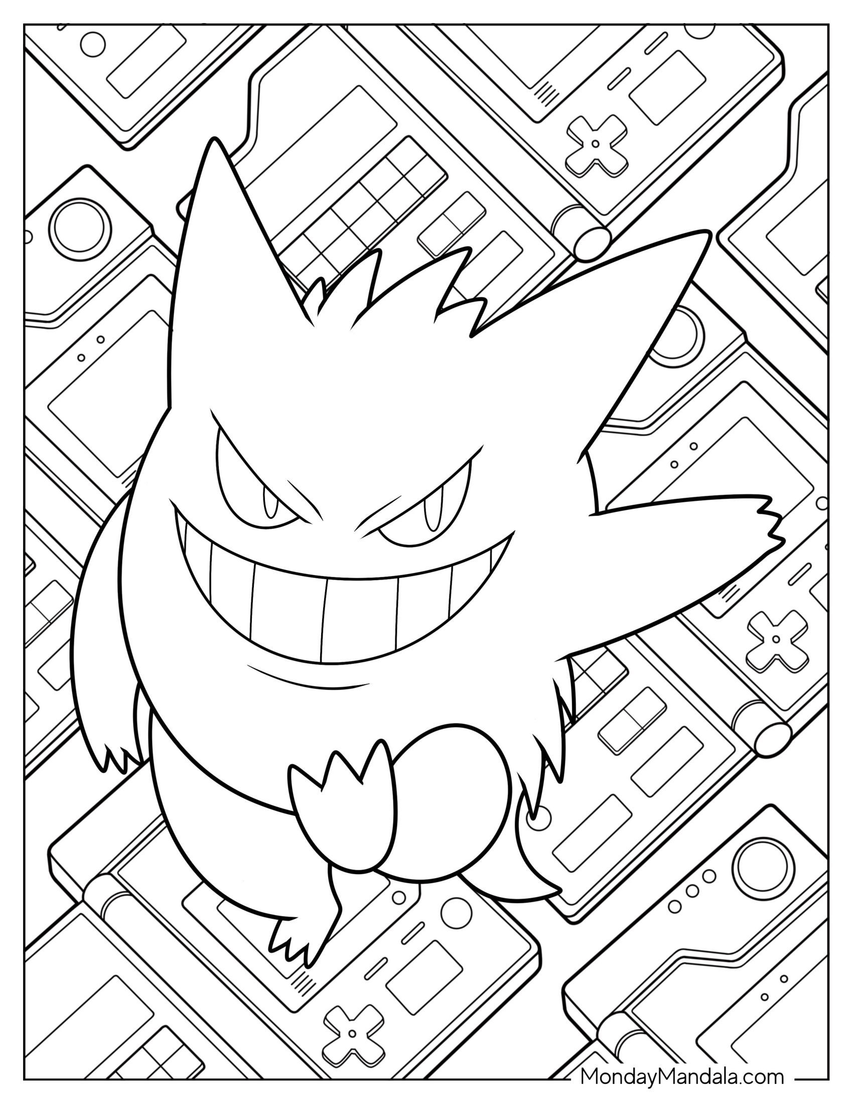 Gengar Coloring Page Smiling With Game Boy In Background