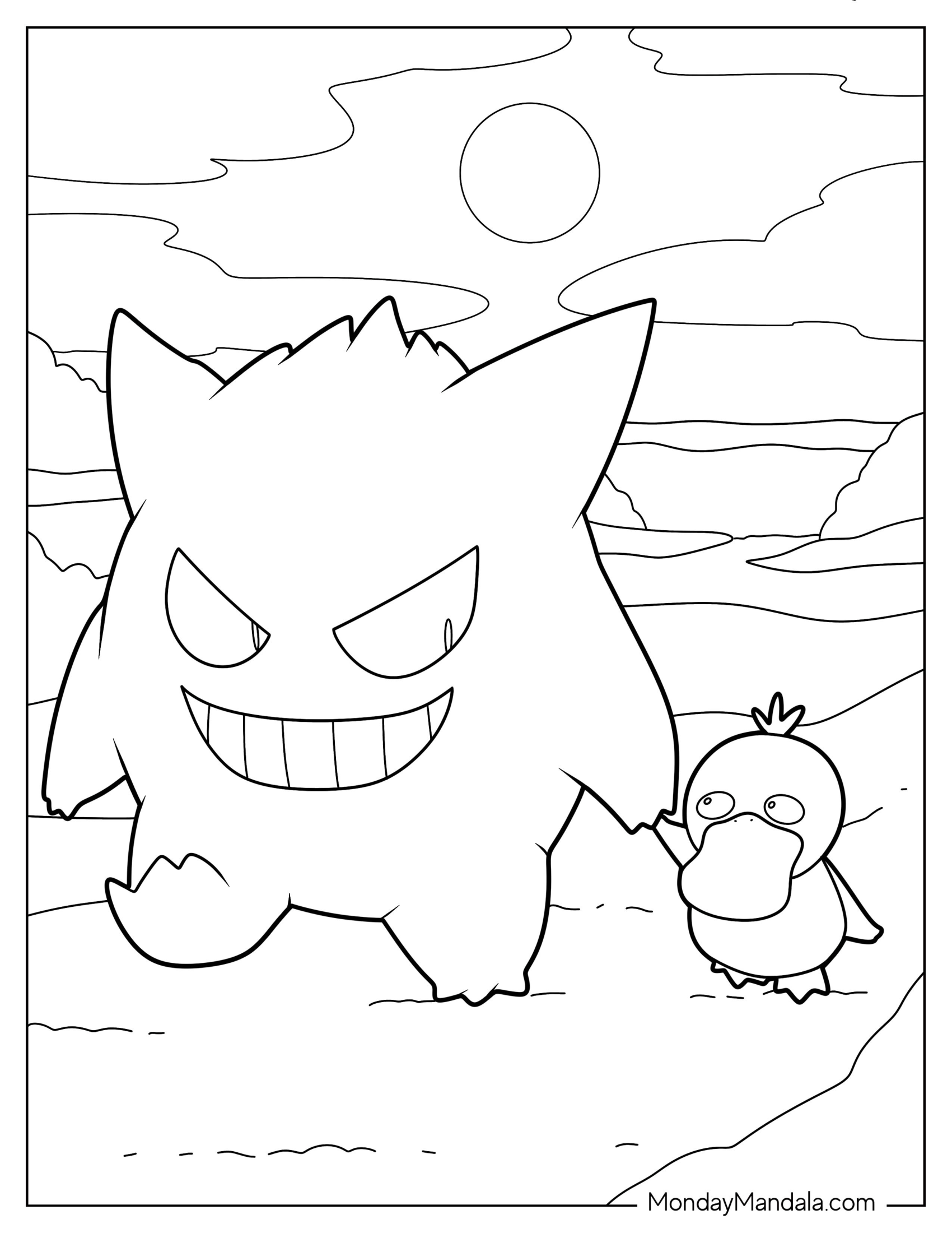 Gengar Coloring Page Walking With Psyduck