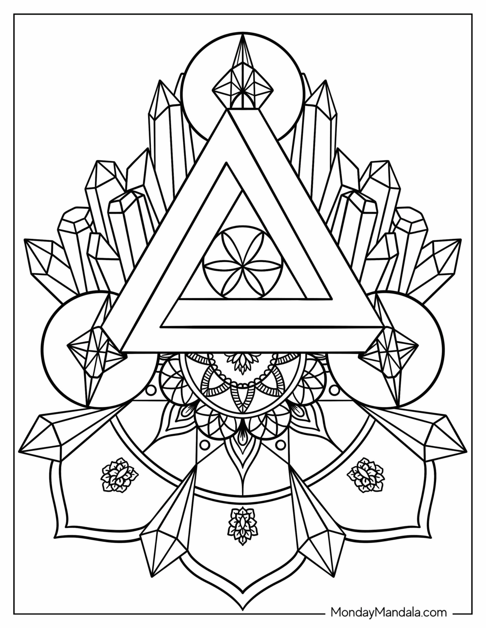 Geometric Coloring Page Mandala With Crystals