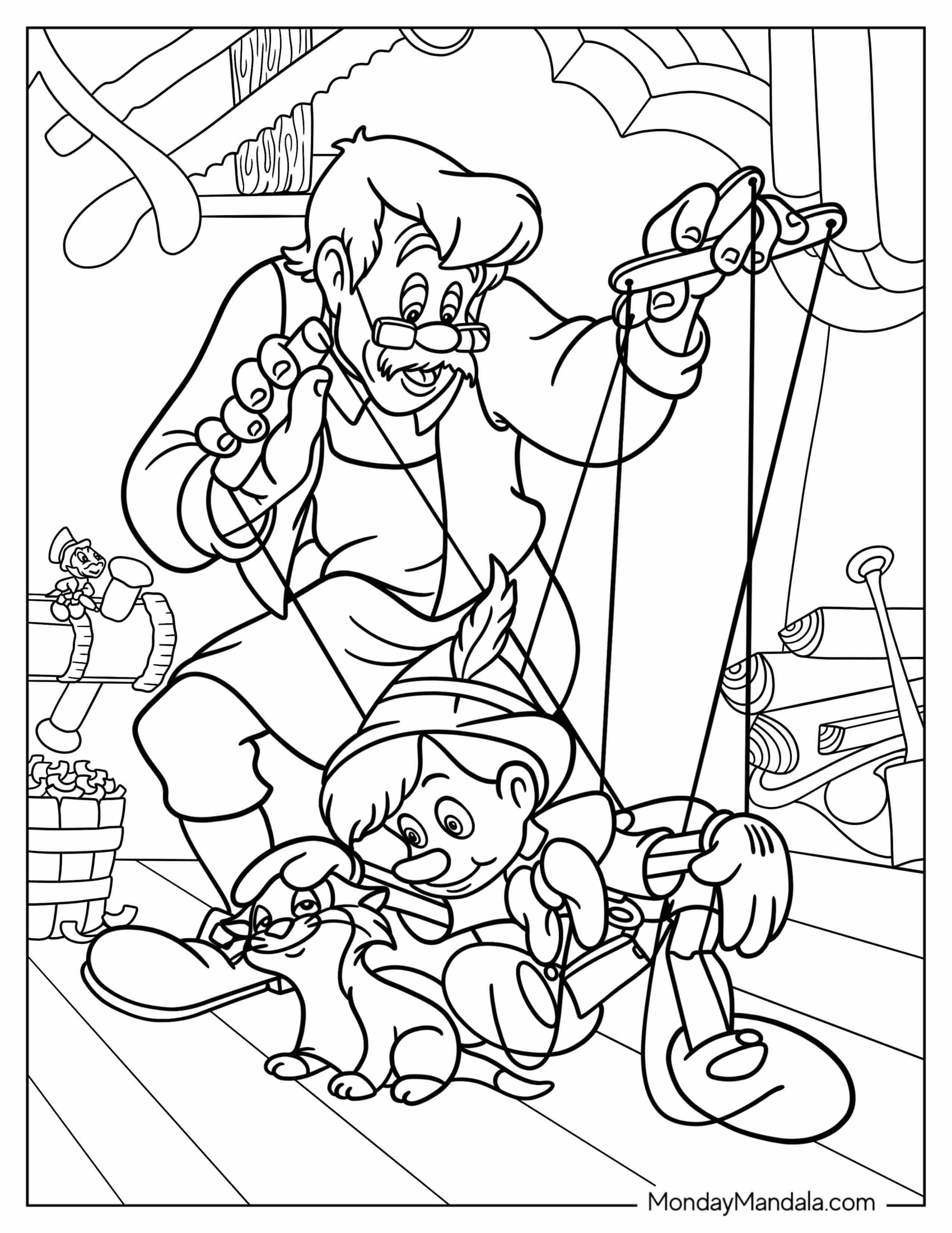 Geppetto Controlling Puppet Pinocchio Coloring Page