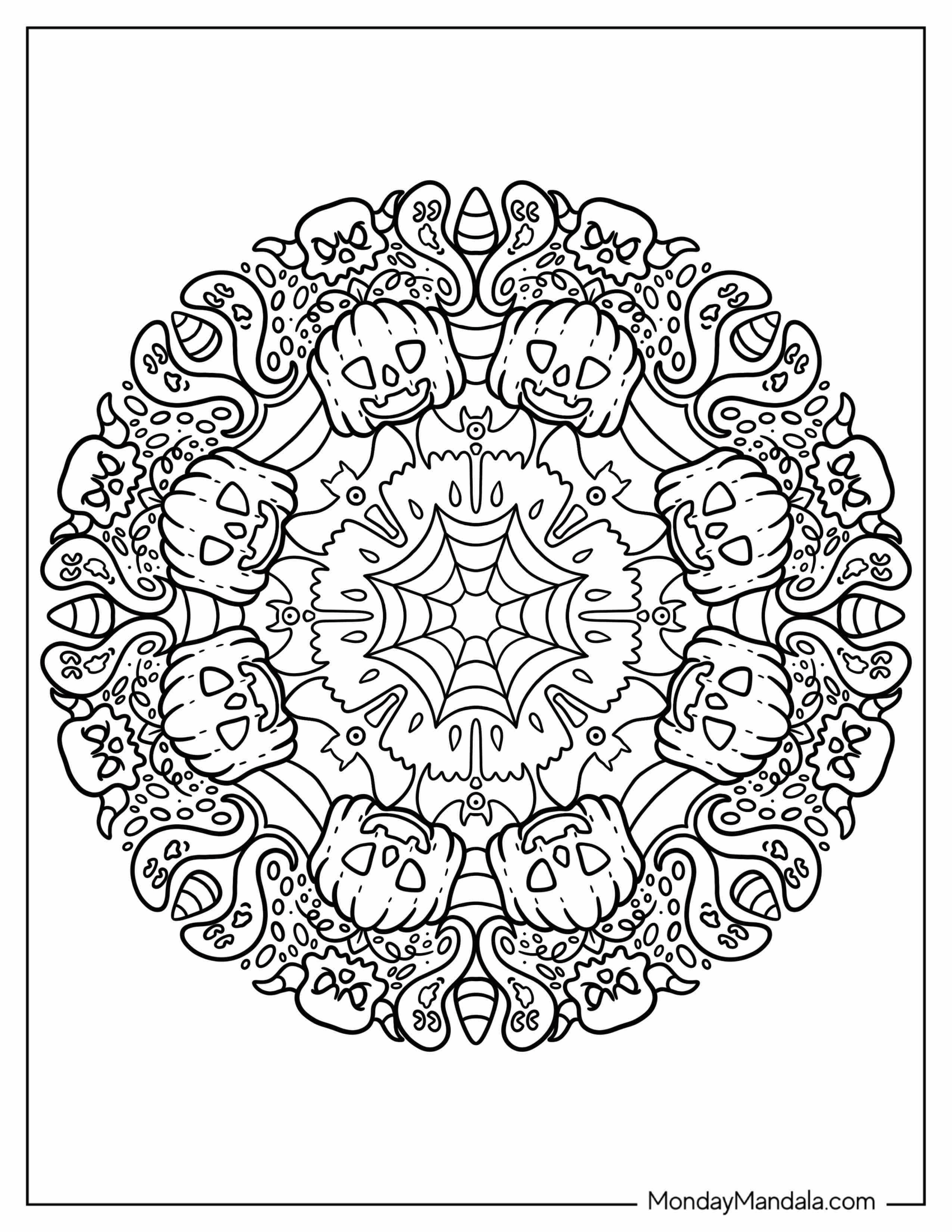 Ghost, Jack O Lantern, And Bats Halloween Mandala Coloring Page For Kids