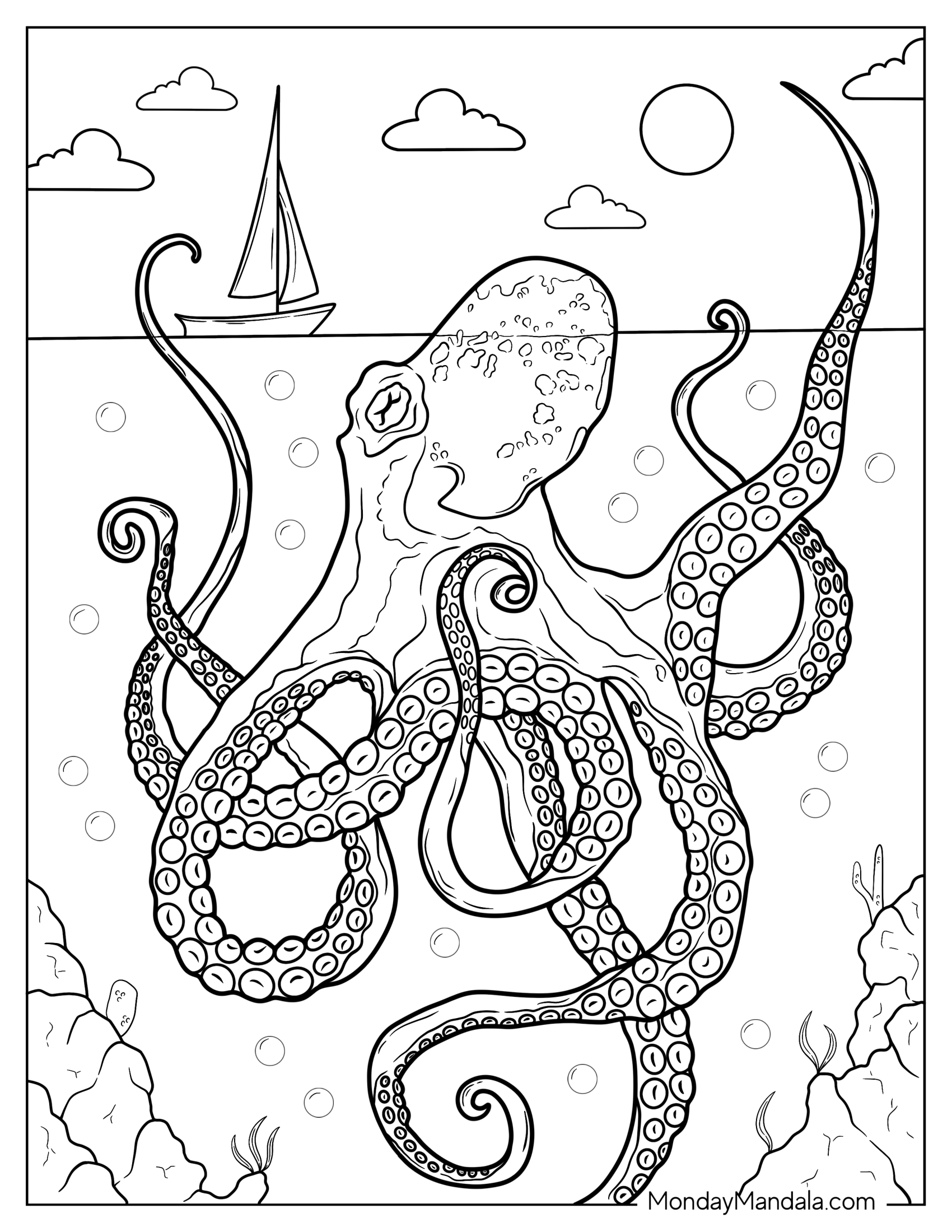 Gian Octopus Coloring Page Peering At Boat