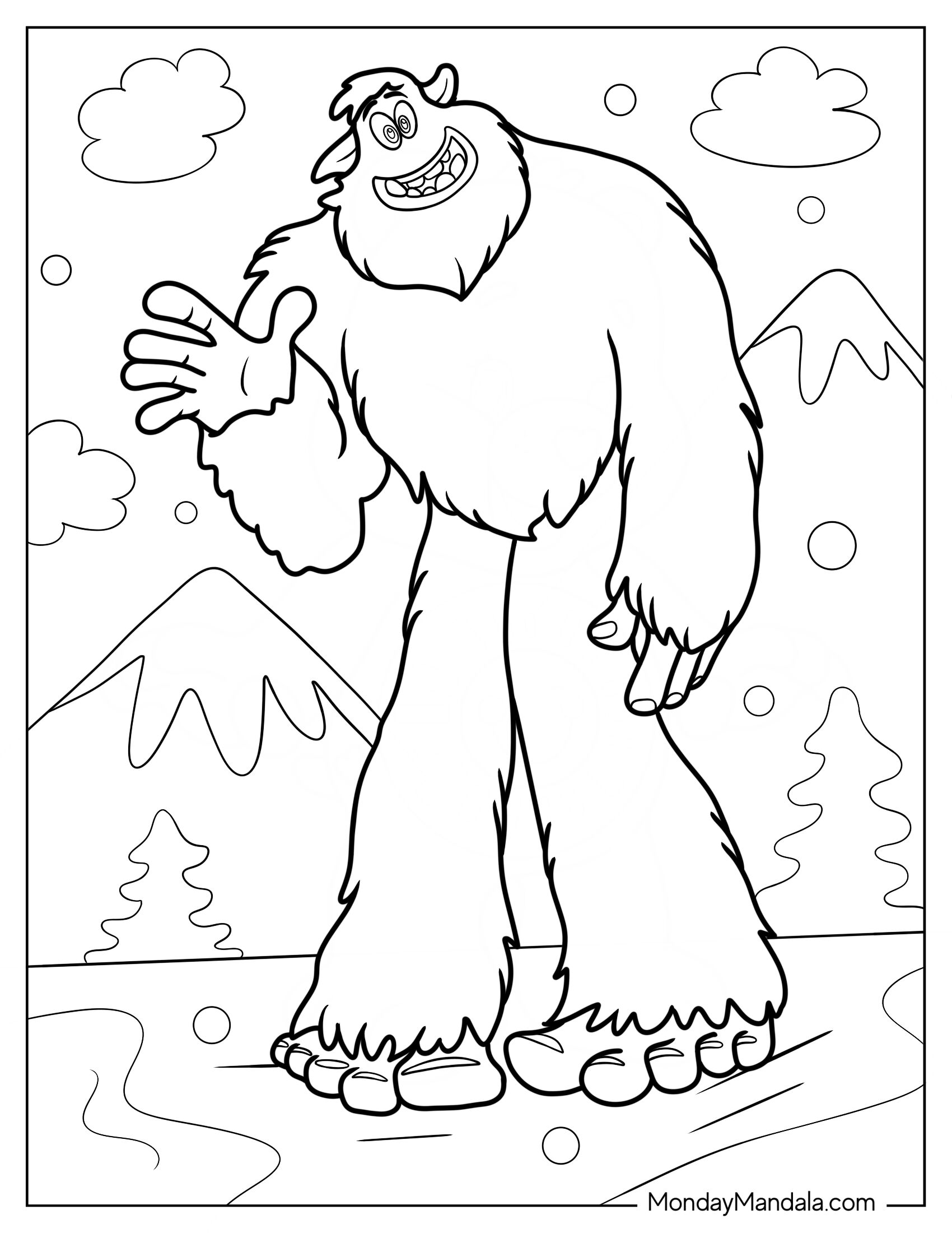 Giant Bigfoot And Yeti Coloring Page In Winter