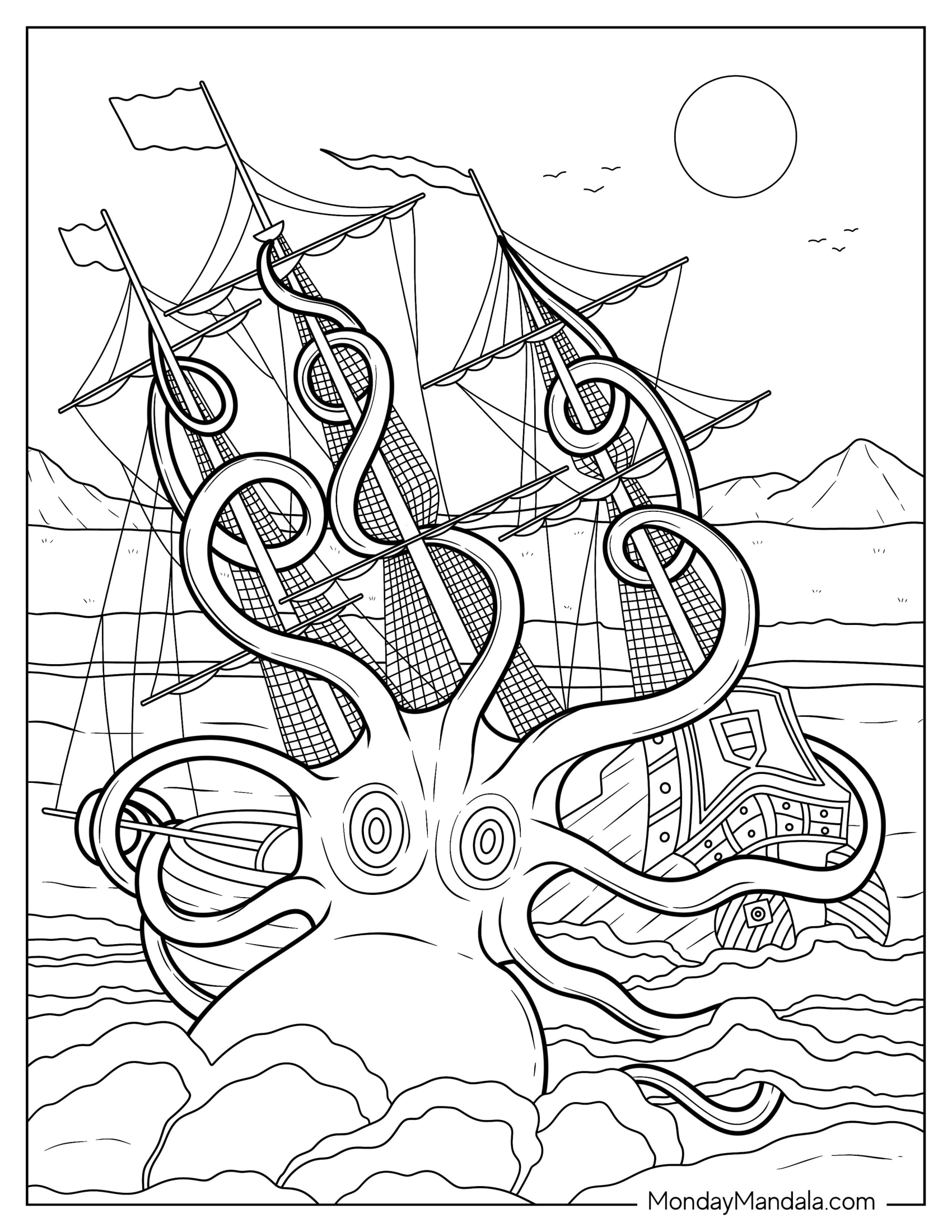 Giant Kraken Octopus Coloring Page Capturing Ship