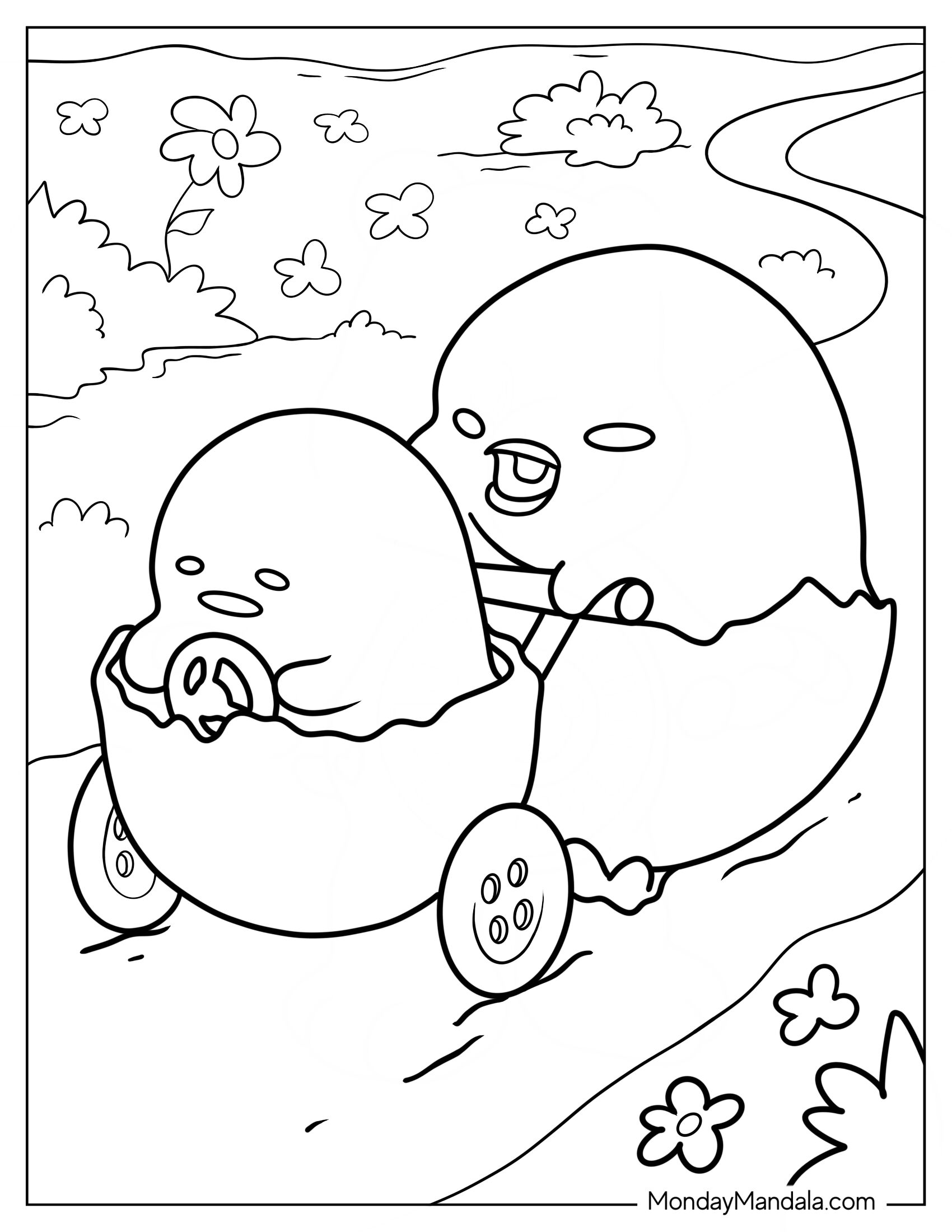 Gilbird Pushing Gudetama Coloring Page On Eggshell Stroller For Kids