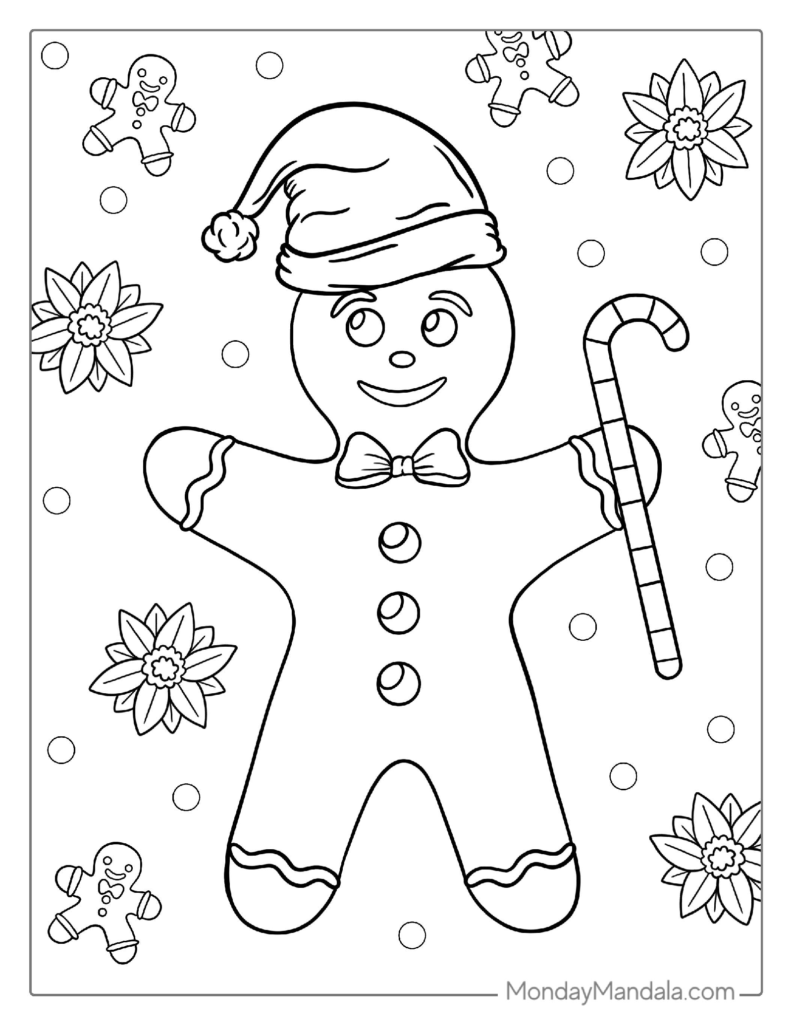 Gingerbread Man Holding Candy Cane Coloring Page