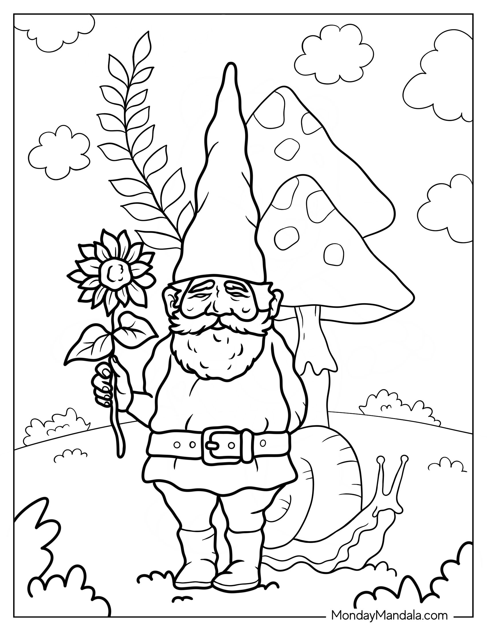 Gnome Coloring Page Holding Up Sunflower With Snail Beside Him